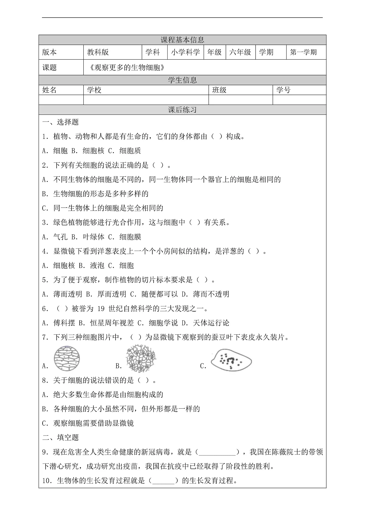 新教科版(2017)科学六上1.5《观察更多的生物细胞》课后练习第2页