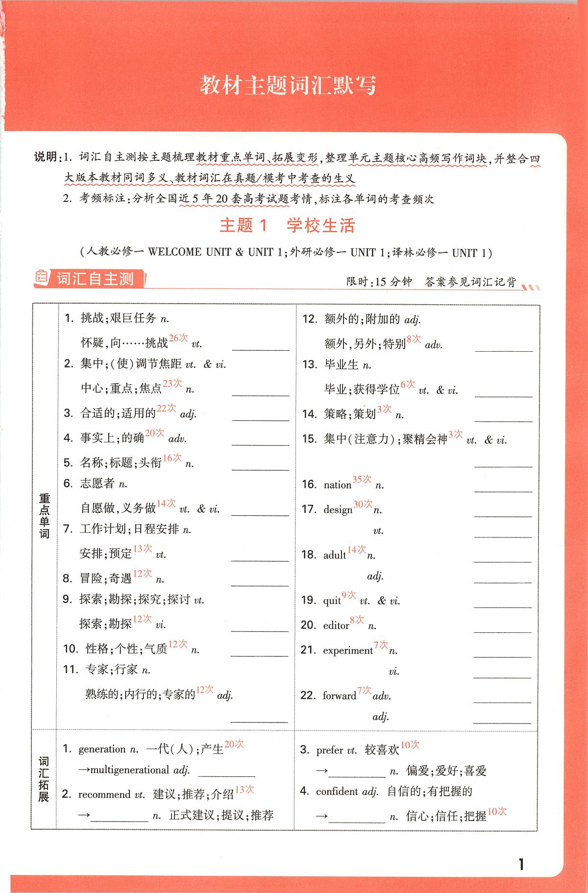 教材主题词汇默写第3页