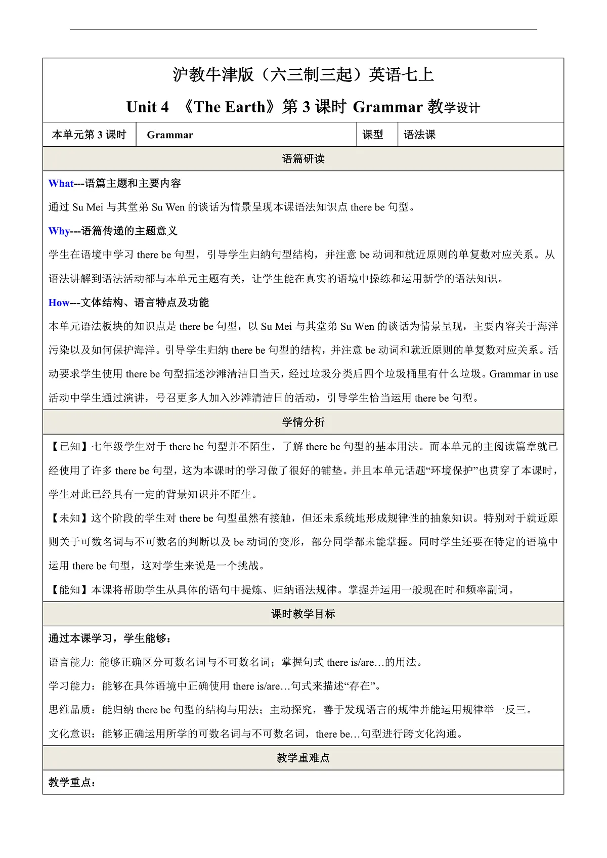 沪教牛津版(六三制三起)英语七上Unit 4 《The Earth》第3课时 Grammar教学设计第1页