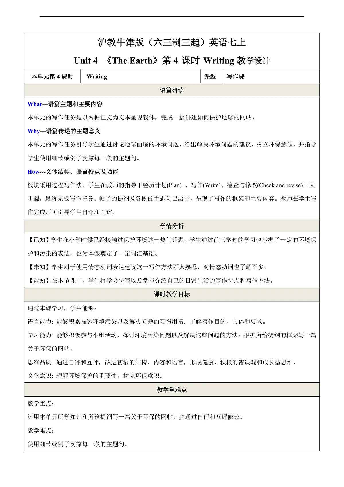 沪教牛津版(六三制三起)英语七上Unit 4 《The Earth》第4课时 Writing教学设计第1页