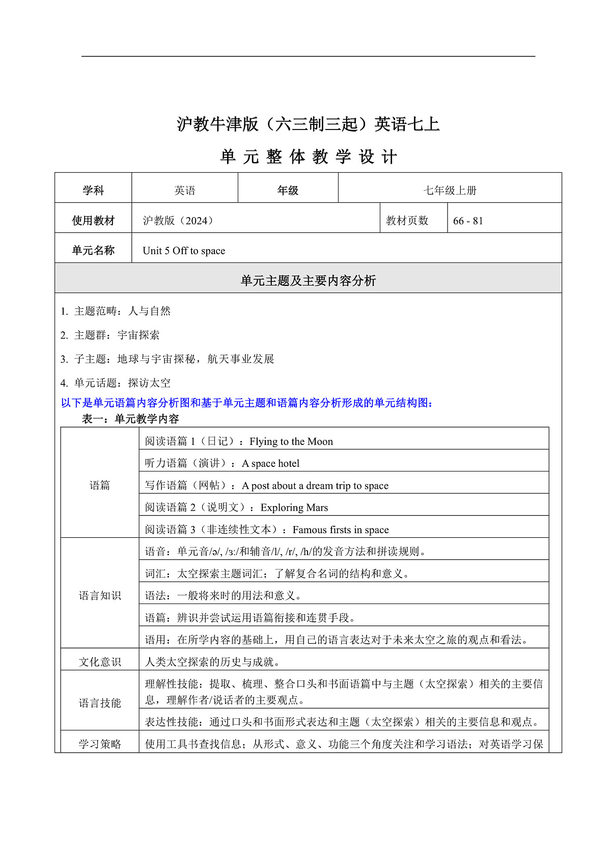 沪教牛津版(六三制三起)英语七上Unit 5 《Off to space 》大单元整体教学设计第1页