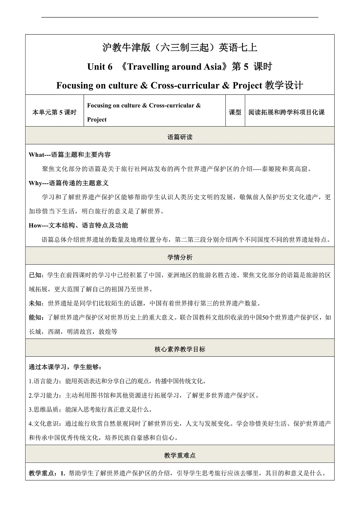 沪教牛津版(六三制三起)英语七上Unit 6 《Travelling around Asia》第5课时Focusing on culture教学设计第1页