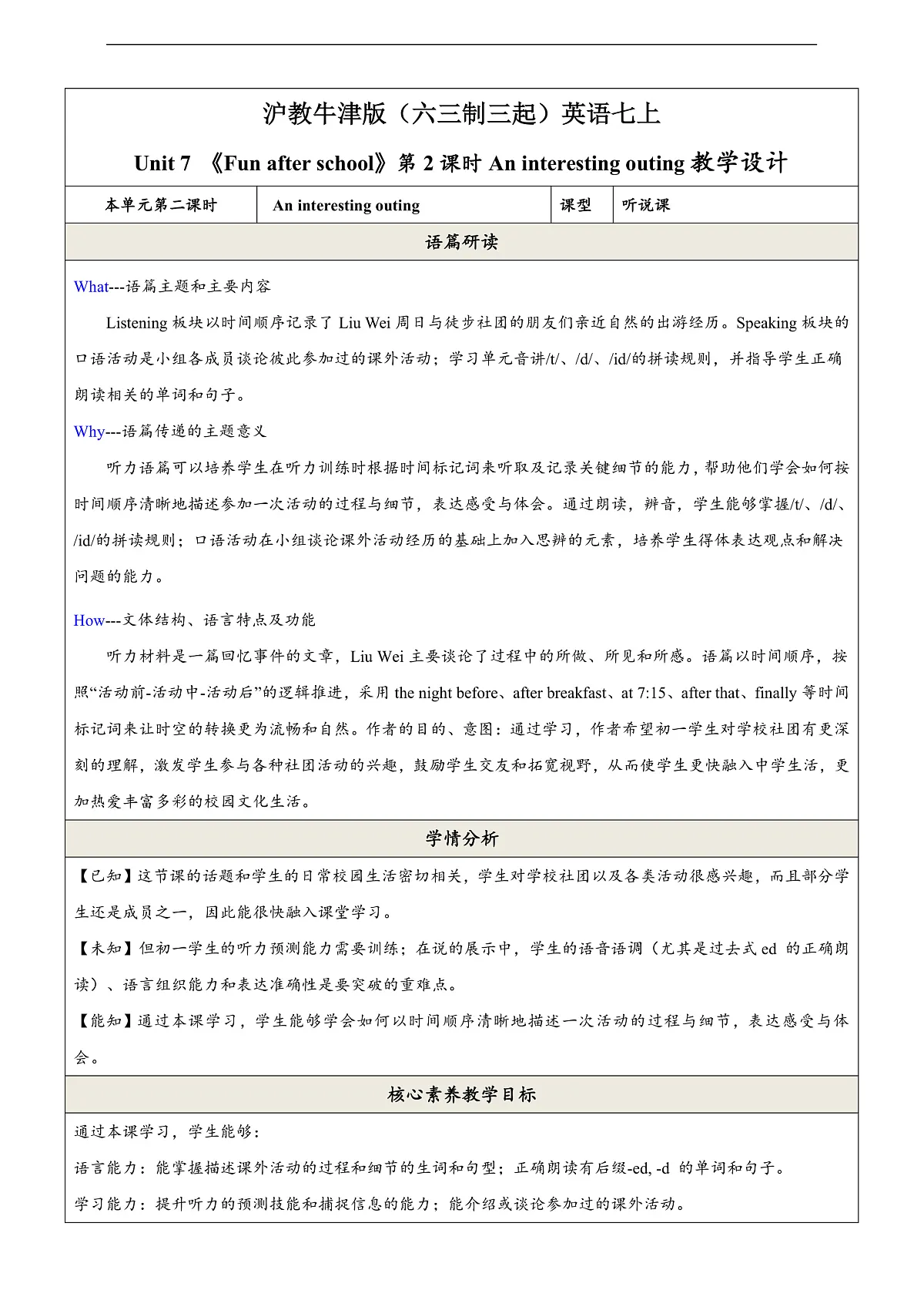 沪教牛津版(六三制三起)英语七上Unit 7 《Fun after school 》 第2课时 Listening & Speaking教学设计第1页