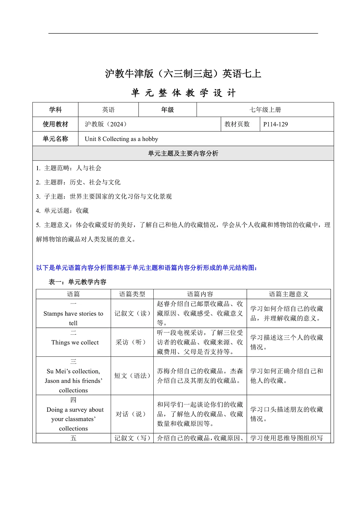 沪教牛津版(六三制三起)英语七上Unit 8《 Collecting as a hobby 》 大单元整体教学分析第1页