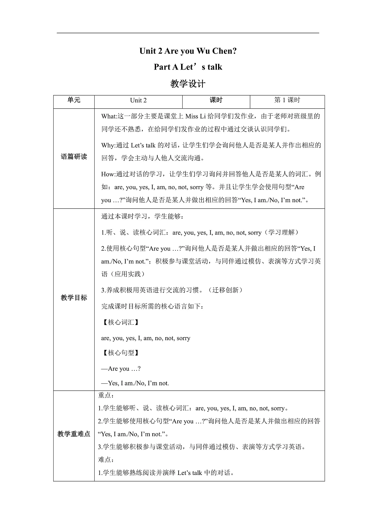 【教学评一体化】Unit 2 Are you Wu Chen Lesson 1 Part A Let’s talk 教学设计第1页