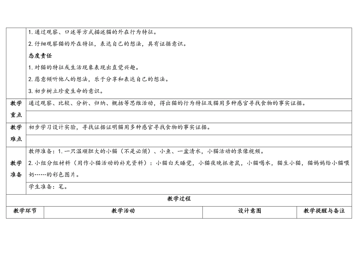 1.猫的生活 教学设计 2025-2026学年大象版二年级科学上册第2页