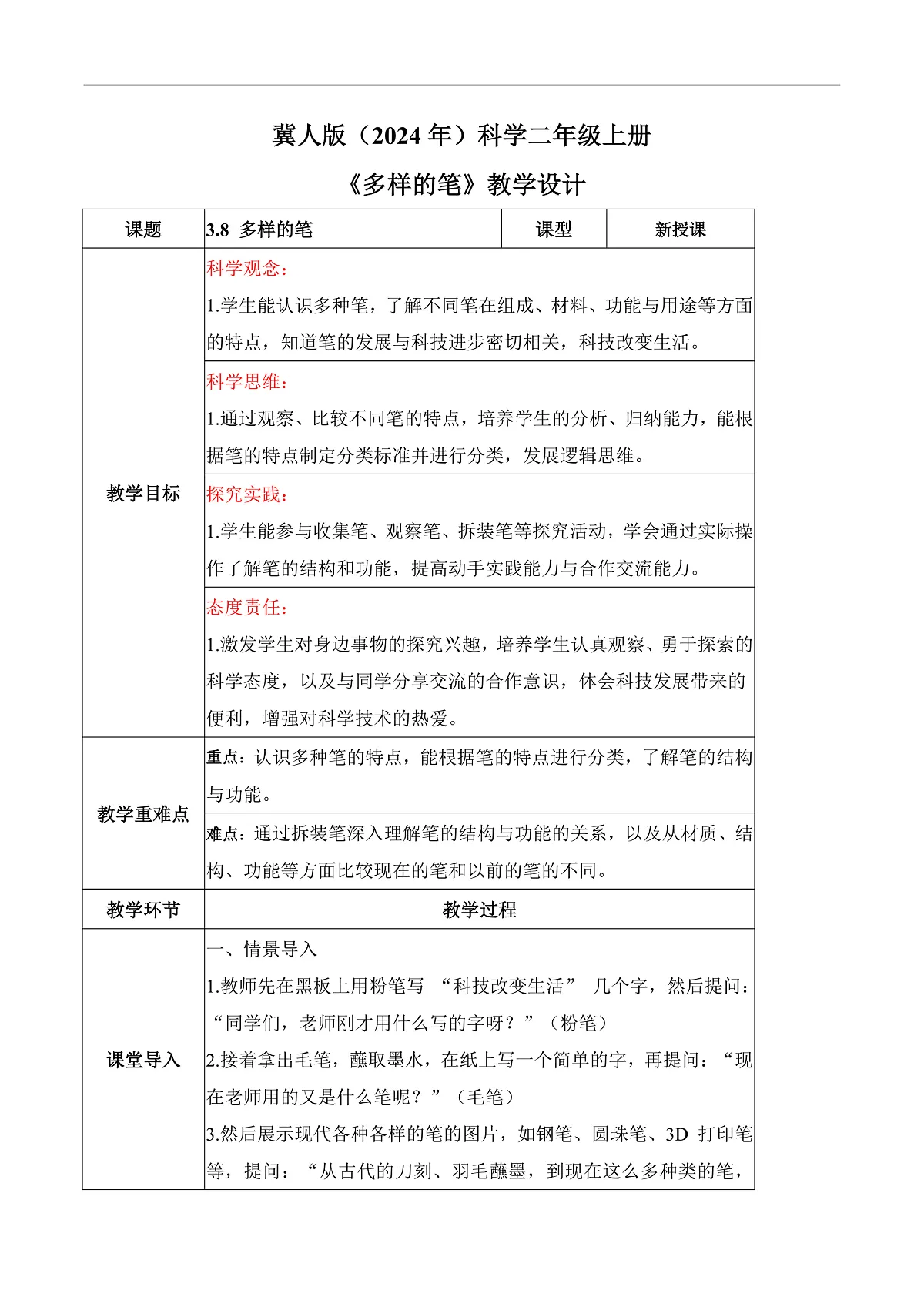 3.8 多样的笔(教学设计)科学冀人版二年级上册(新教材)第1页