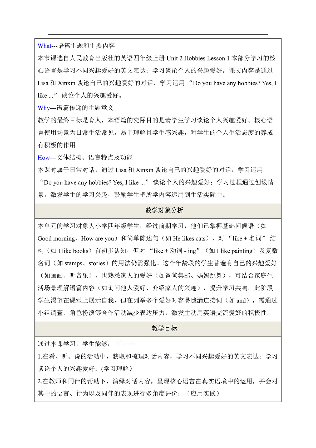 【教学评一体化】 Unit 2 Hobbies Lesson 1 单元教学设计 人教精通版四上第2页