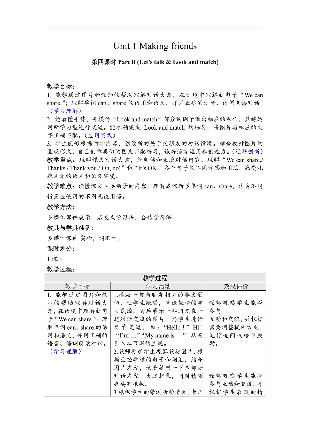 Unit1 Making friends Part B Let’s talk & Look and match 教学设计第1页