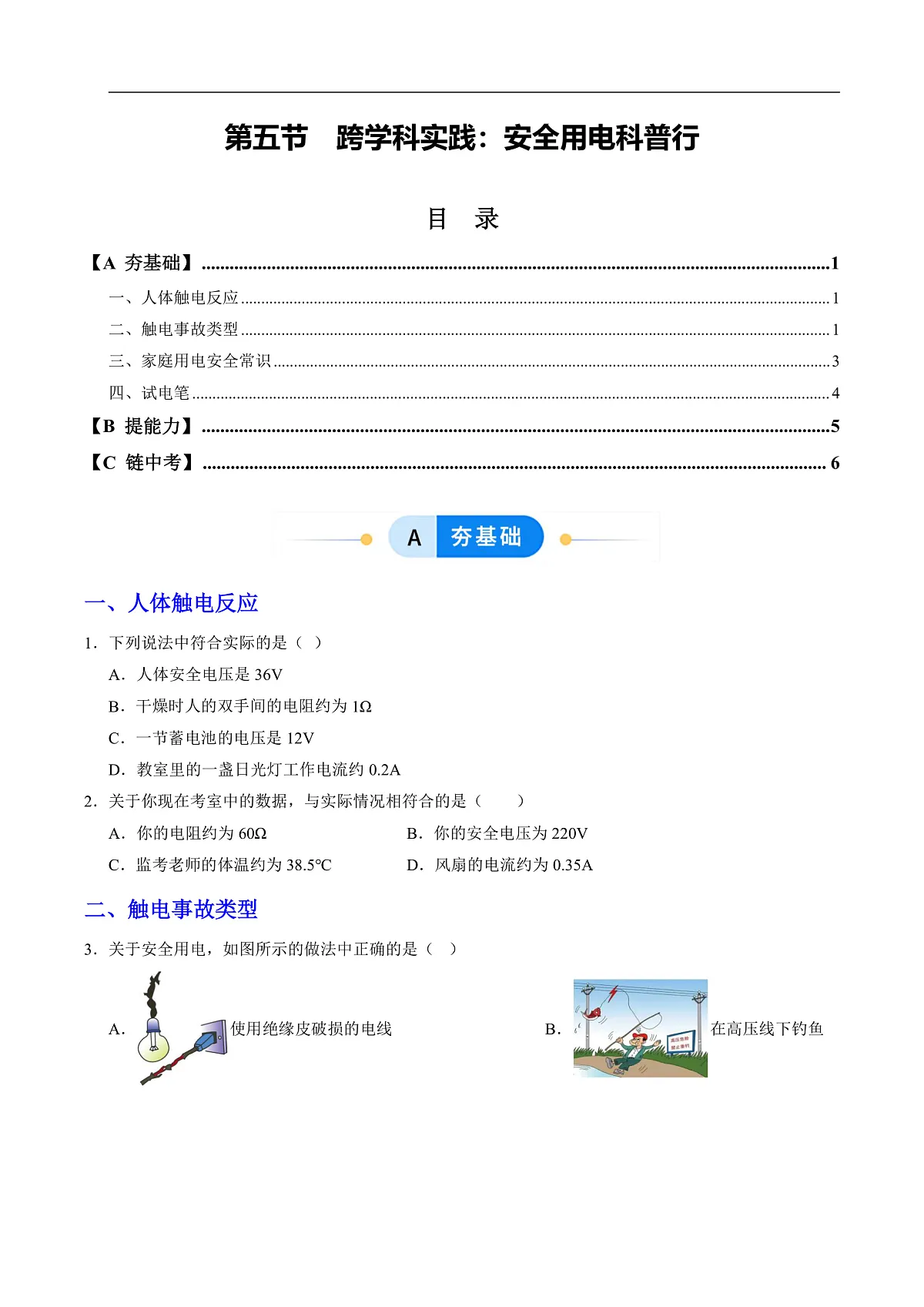 第五节 跨学科实践:安全用电科普行(分层作业)(原卷版)第1页