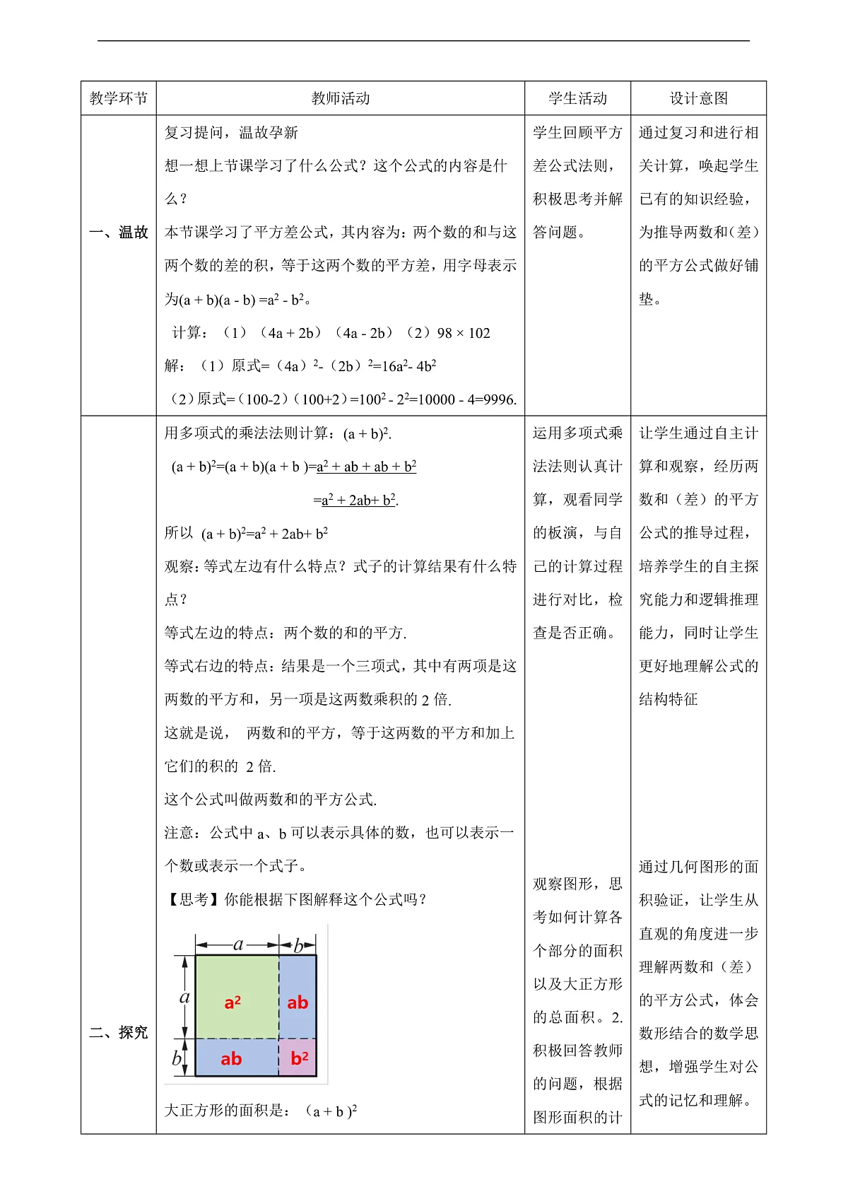 11.3.2 两数和(差)的平方 教学设计第2页