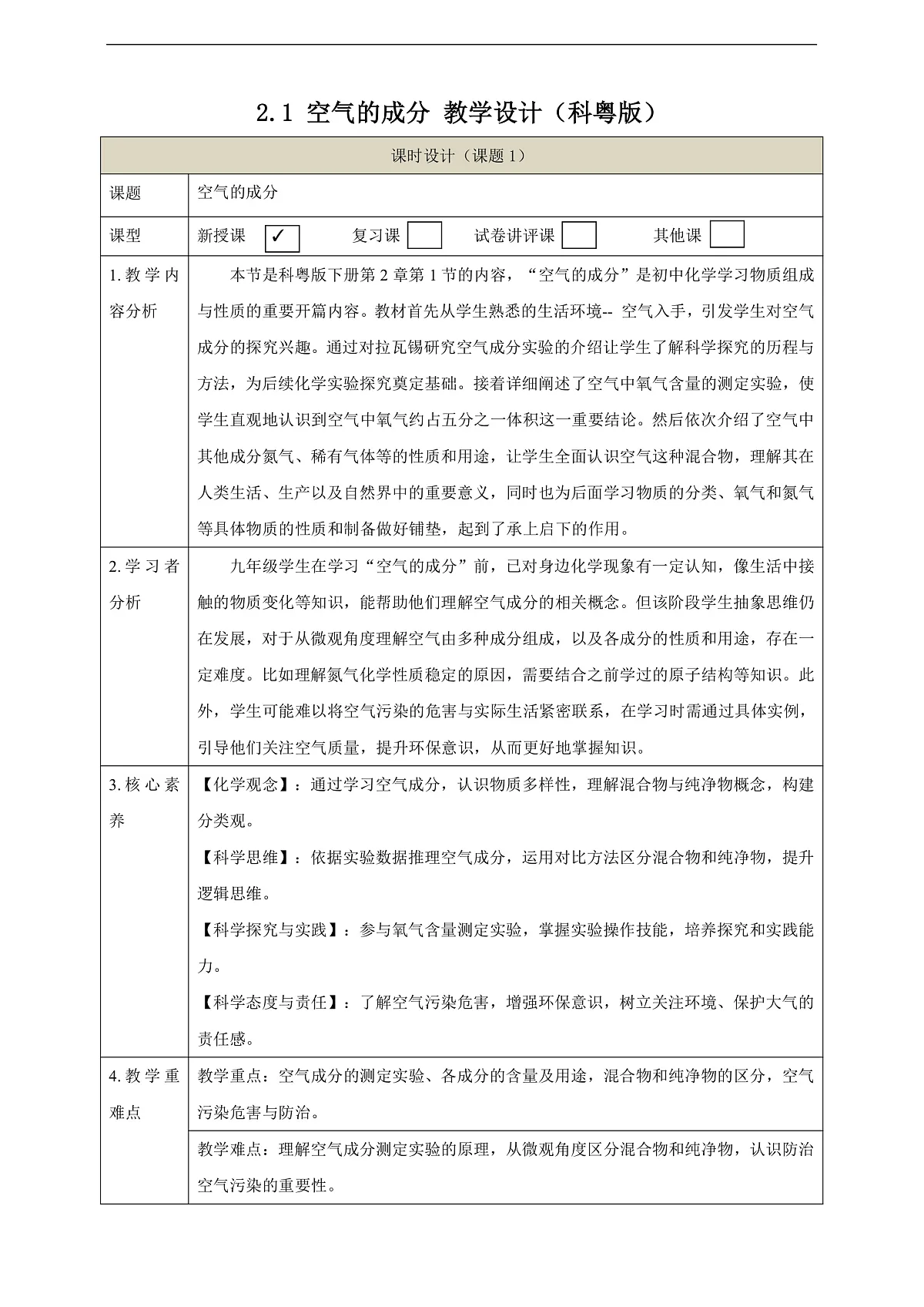 【大单元教学】2.1 空气的成分 教学设计第1页