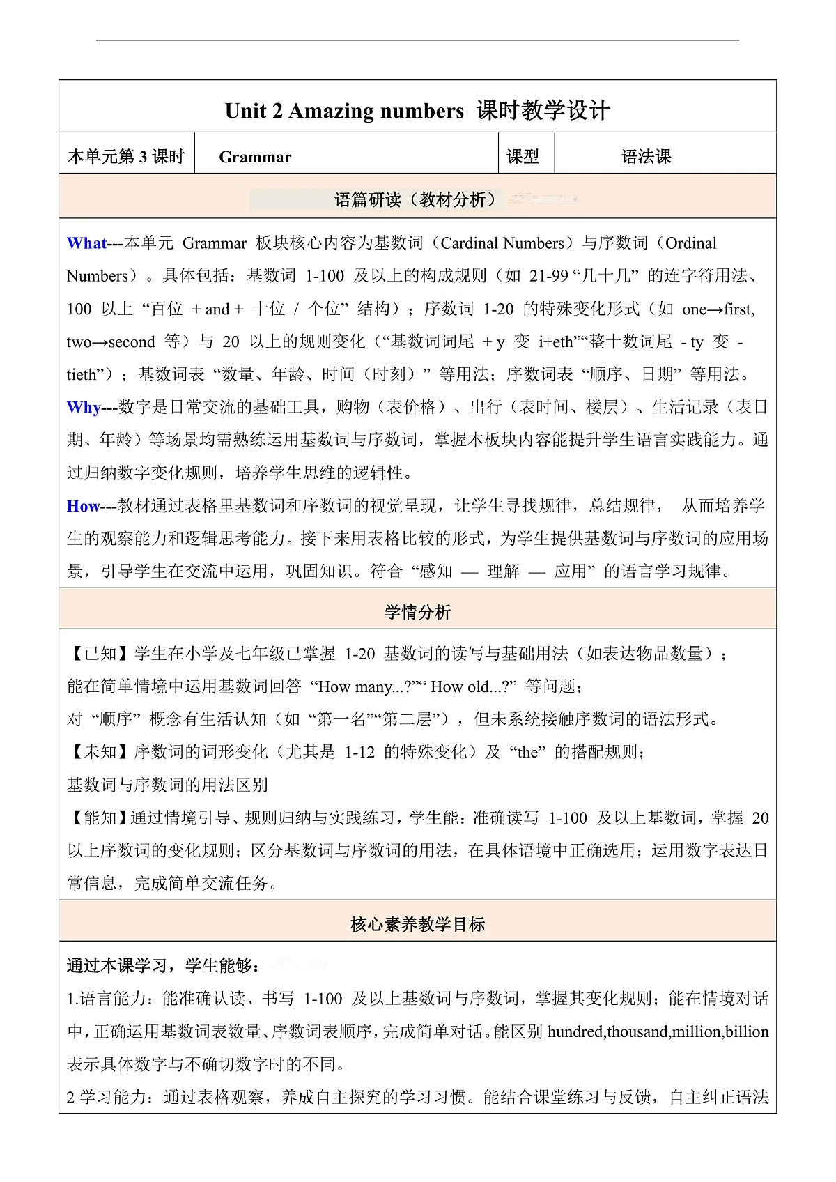【教学评一体化】Unit 2 Amazing numbers 第3课时Grammar 教学设计-新沪教八上第1页