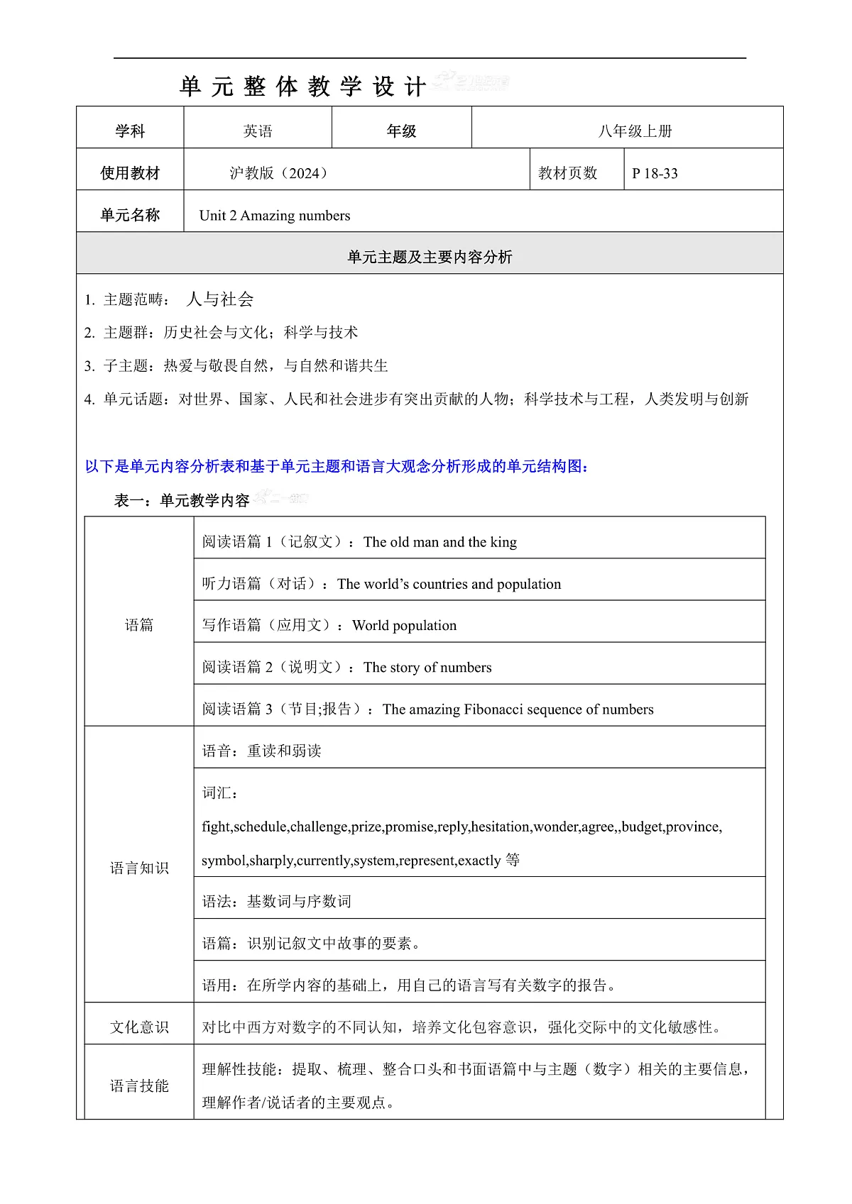 【教学评一体化】Unit 2 Amazing numbers大单元整体教学分析-新沪教版八上第1页