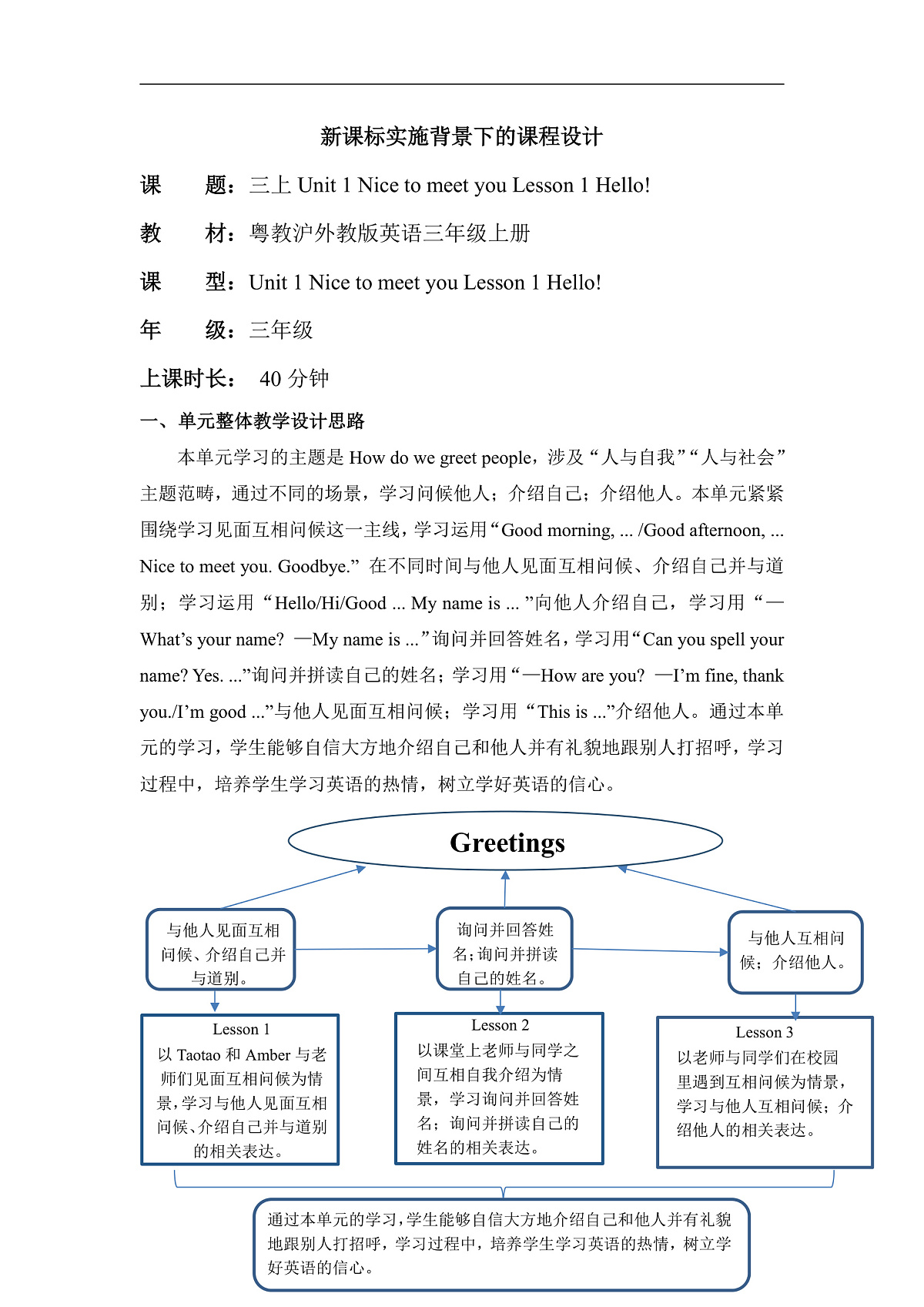粤教沪外教版三上 Unit 1 Lesson 1 Hello! 单元教学设计第1页