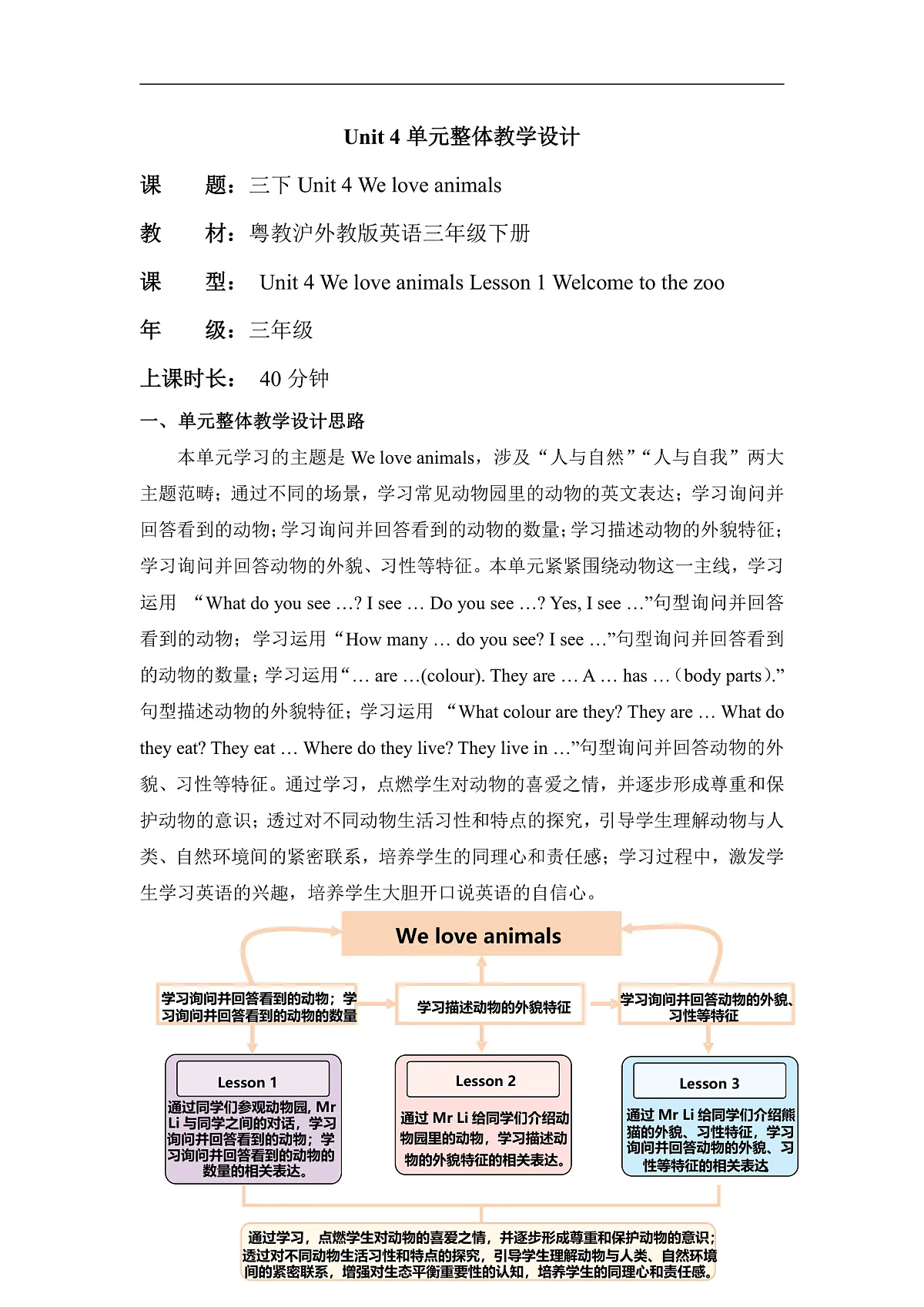 Unit 4 We love animals Lesson 1 Welcome to the zoo 单元教学设计第1页