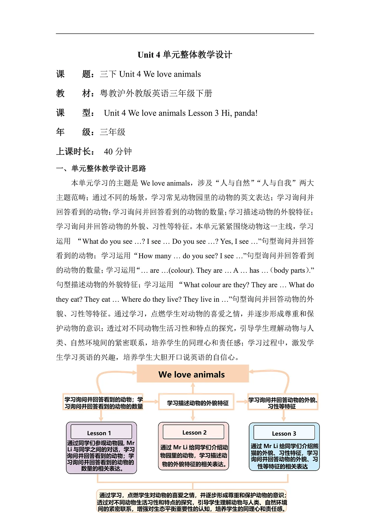 Unit 4 We love animals Lesson 3 Hi, panda! 单元教学设计第1页
