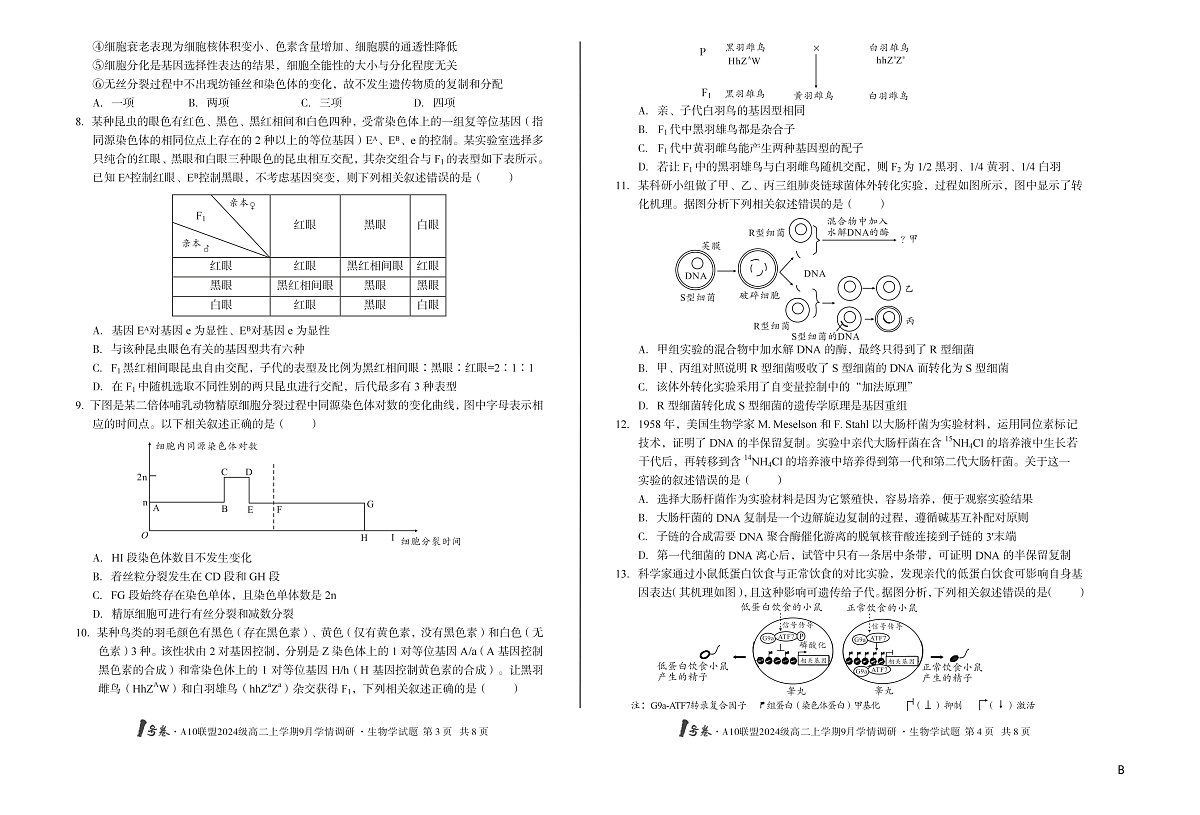 1号卷·A10联盟2024级高二上学期9月学情调研 生物学B第2页