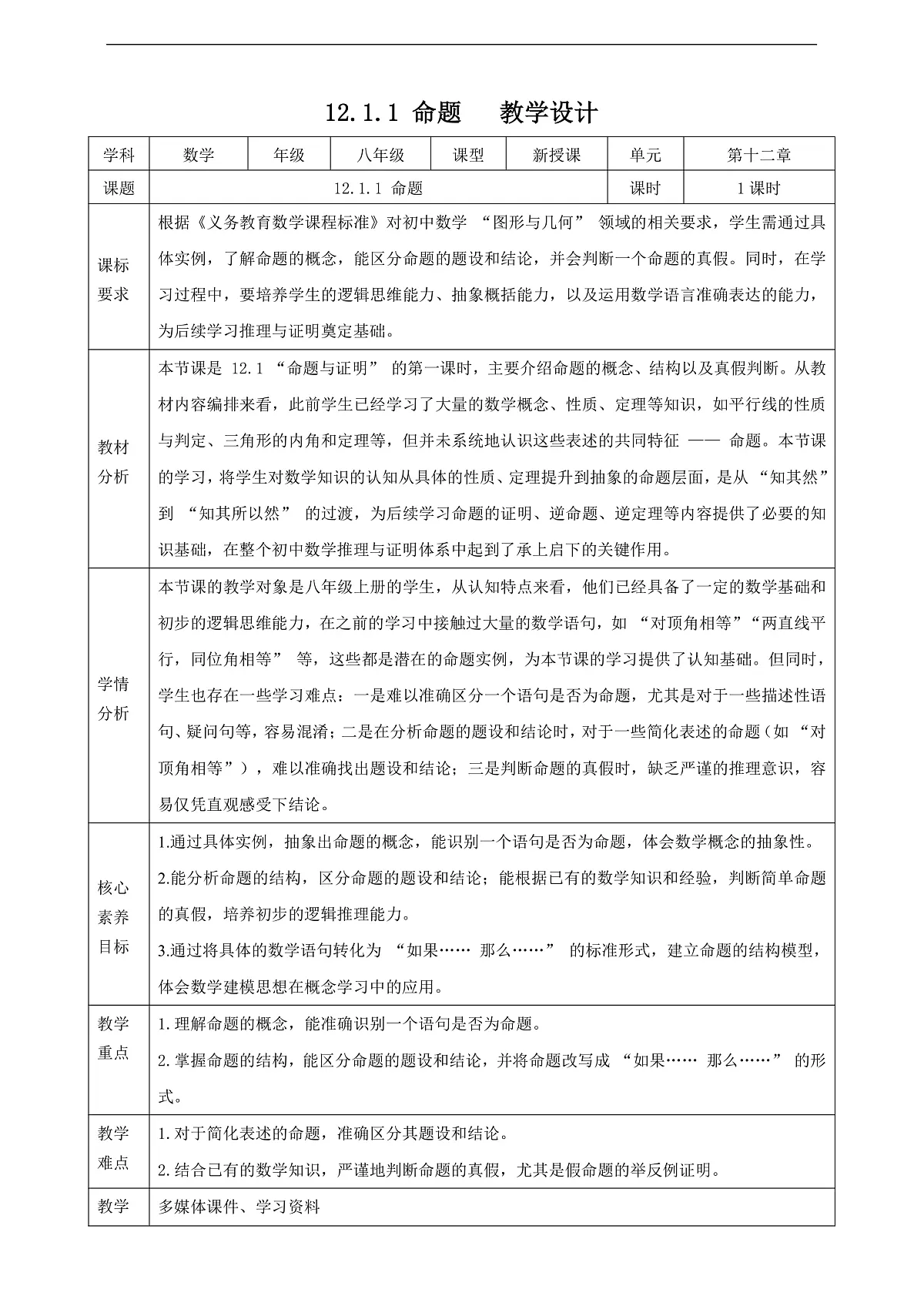 12.1.1 命题 教学设计第1页