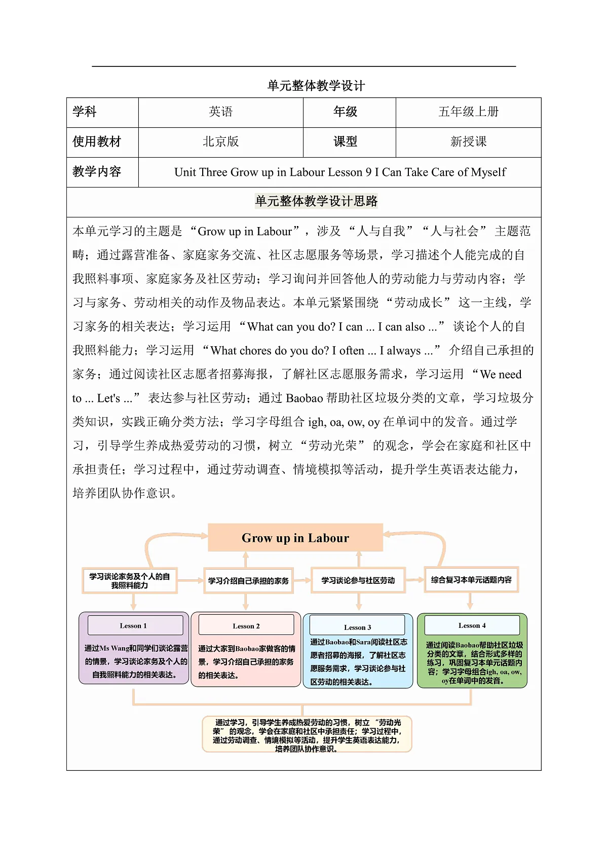 北京版五上 Unit Three Lesson 9单元教学设计第1页