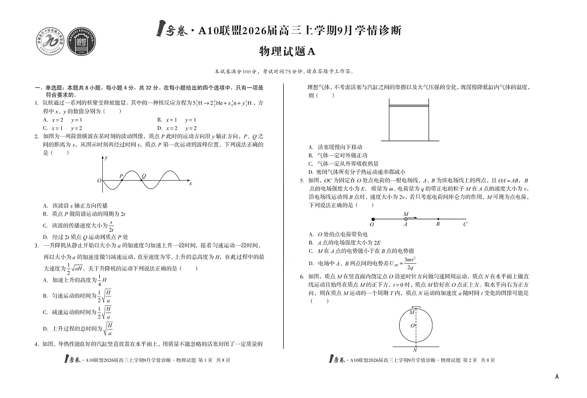 【8开】(A卷)1号卷·A10联盟2026届高三上学期9月学情诊断 物理A第1页