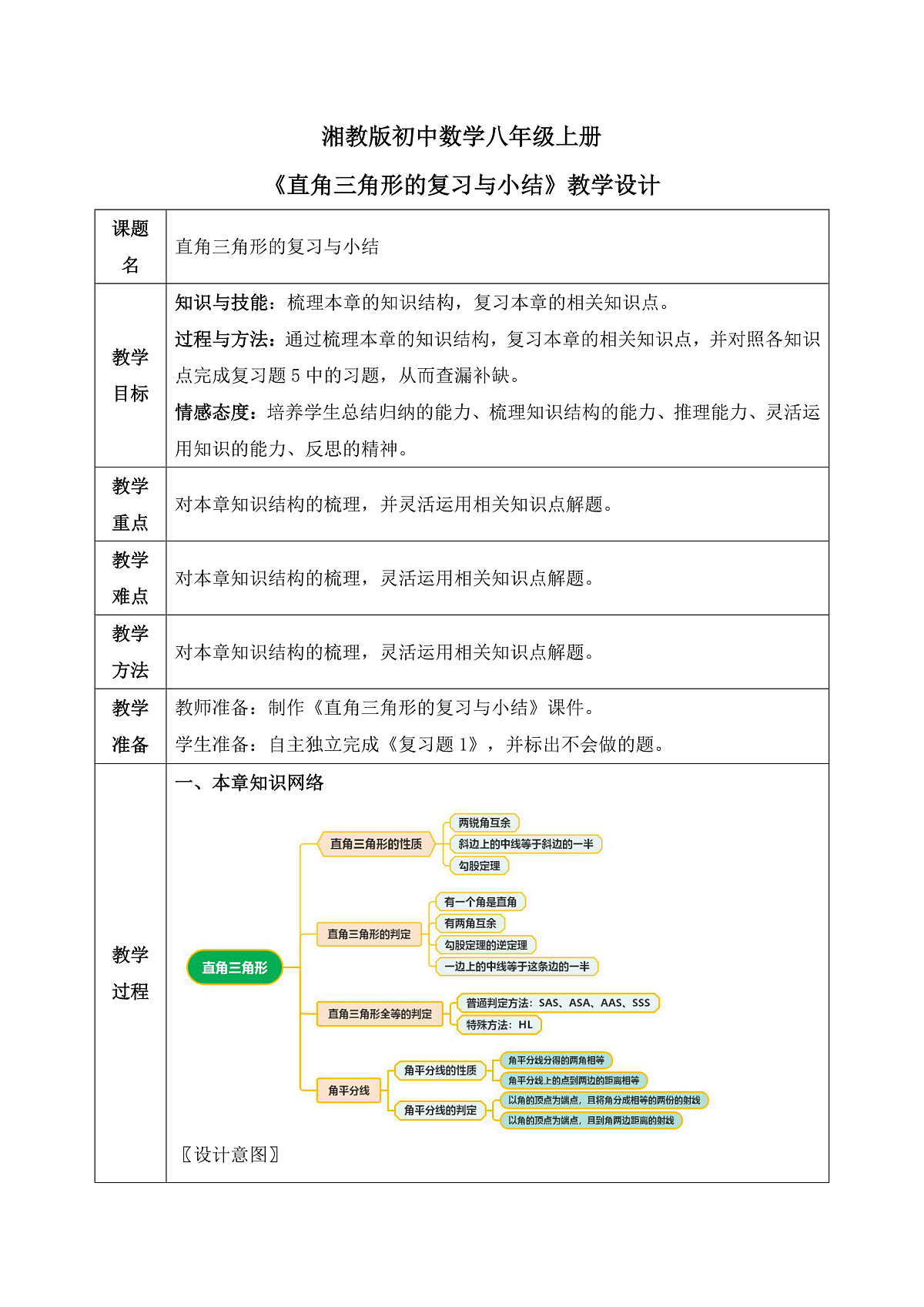新湘教版初中数学八年级上册5.5直角三角形复习与小结》教案(表格式)第1页