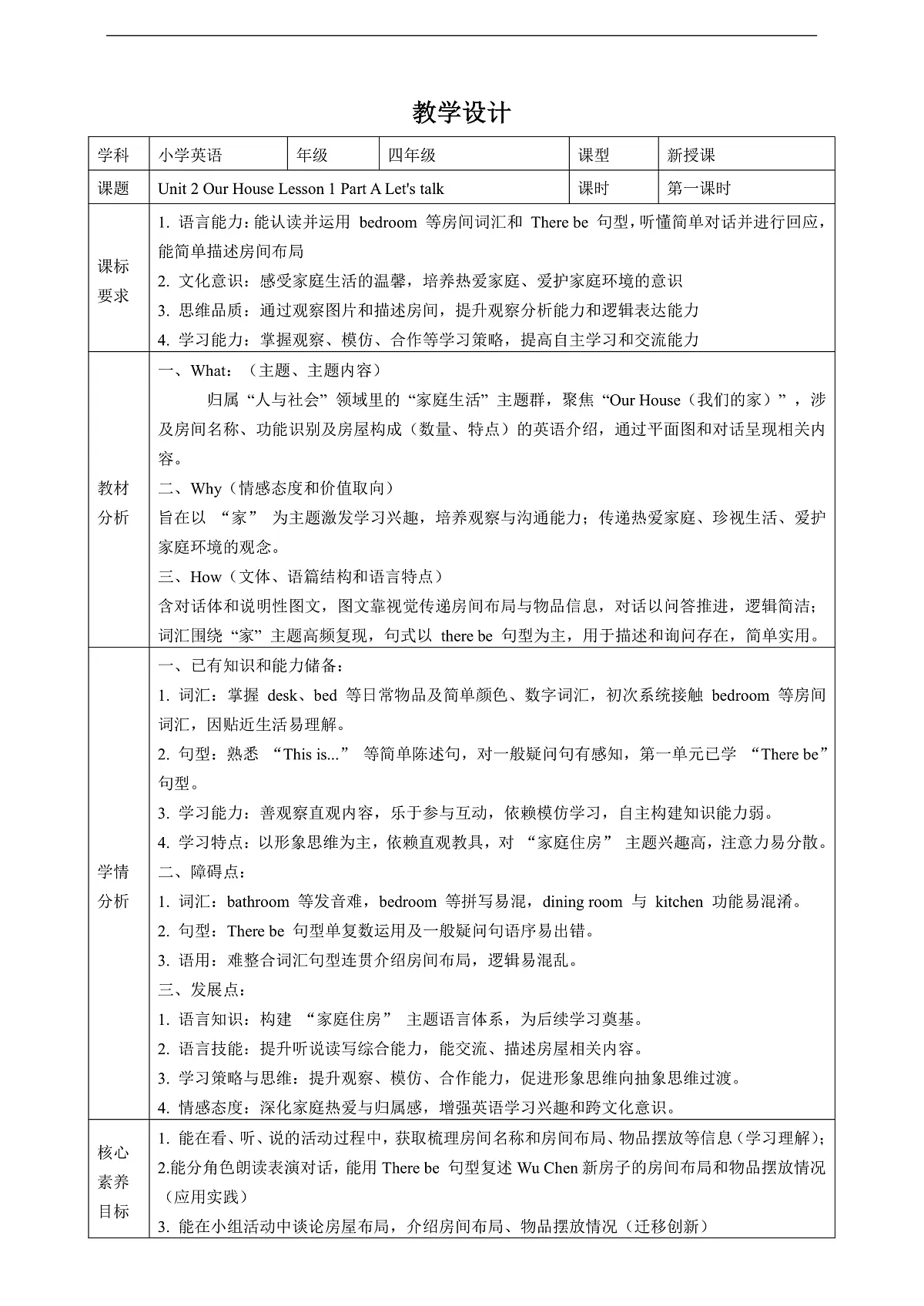 Unit 2 Our House Lesson 1 Part A Let's talk 教学设计第1页