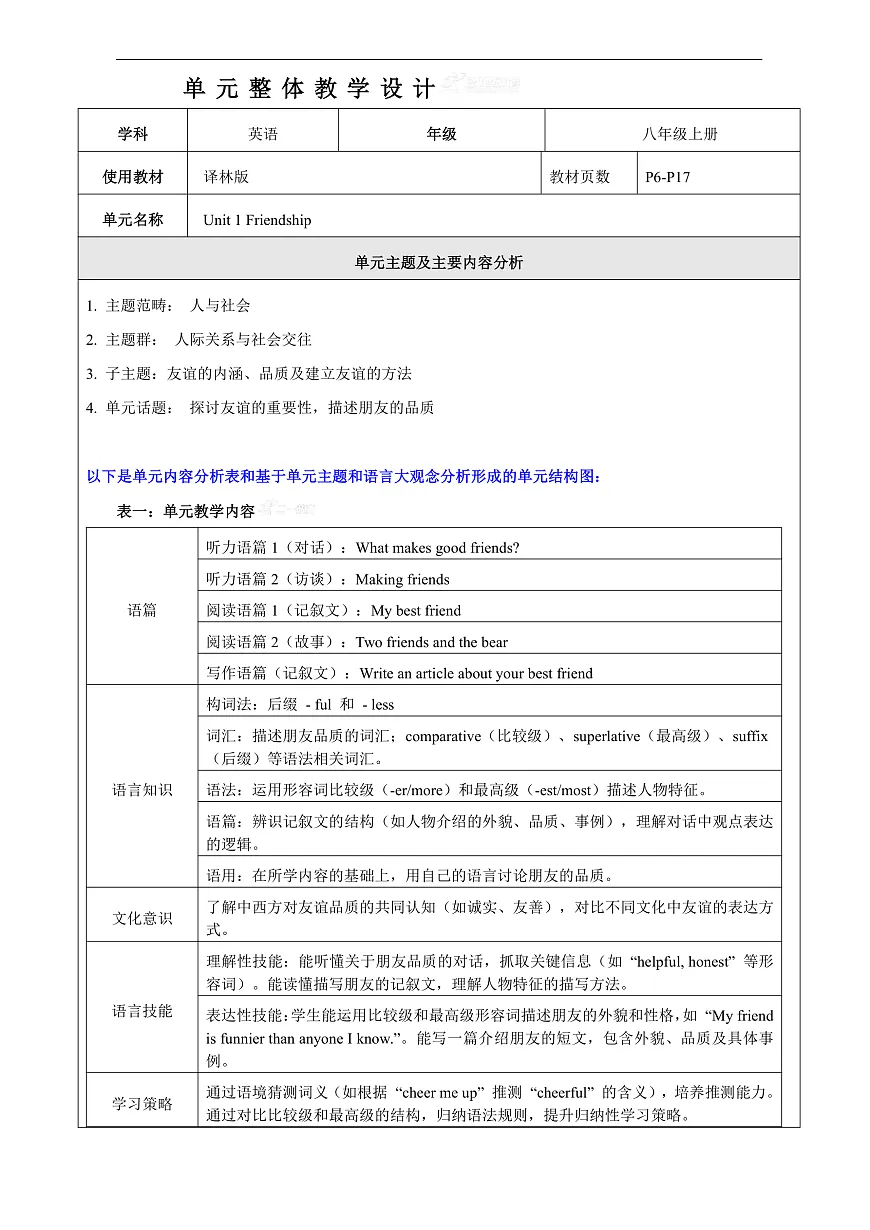 Unit 1 Friendship 大单元整体教学分析第1页