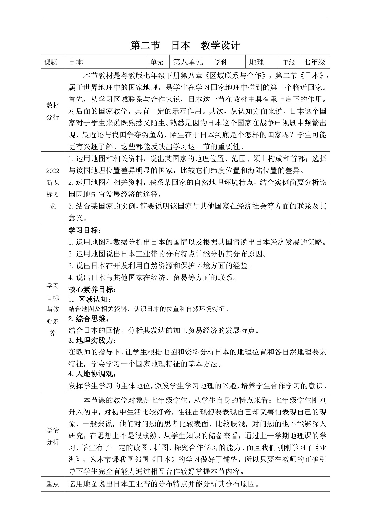 【大单元教学】第二节 日本 教学设计—新教材粤教版七下第八单元第1页