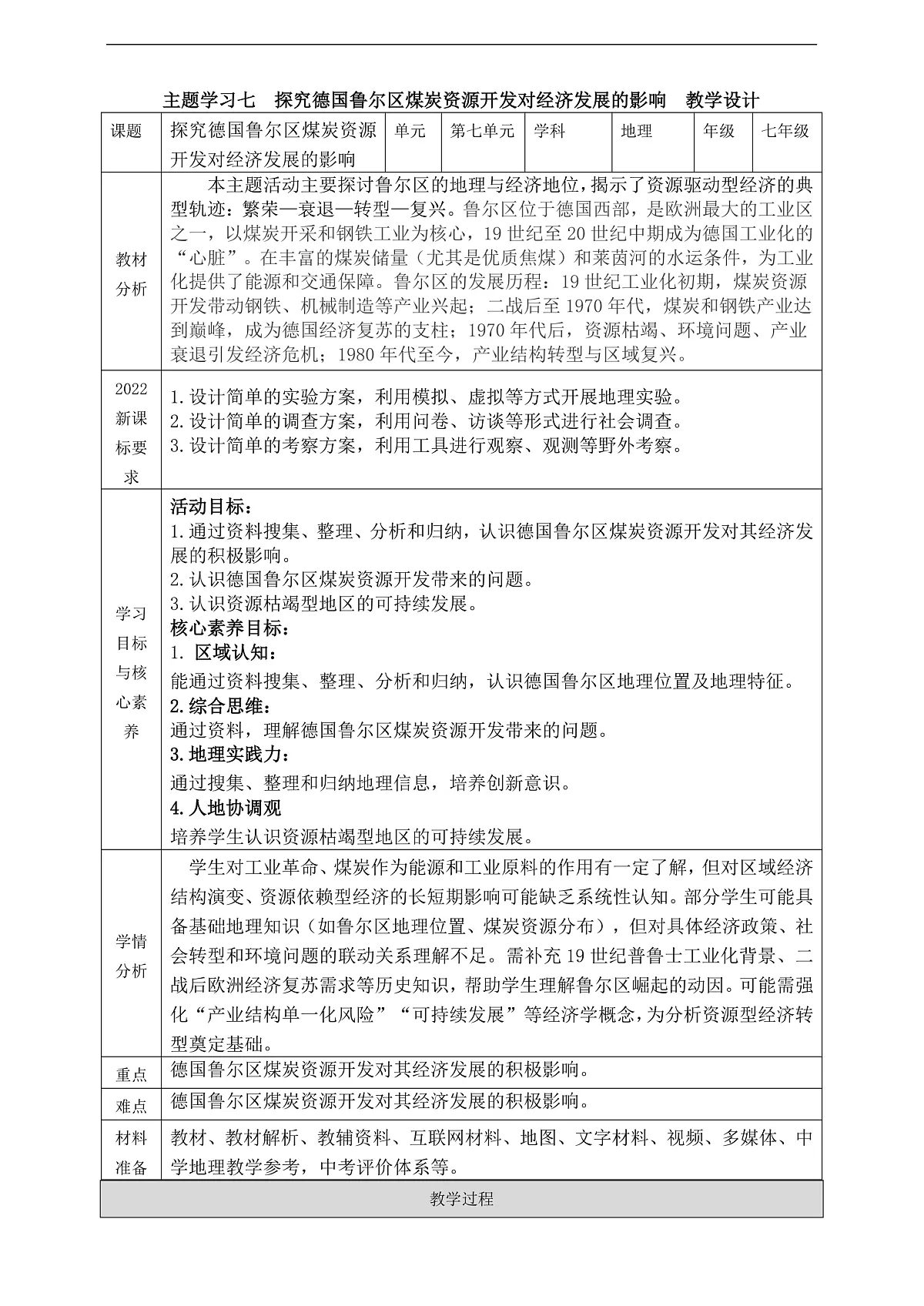 主题学习七 探究德国鲁尔区煤炭资源开发对经济发展的影响 教学设计第1页