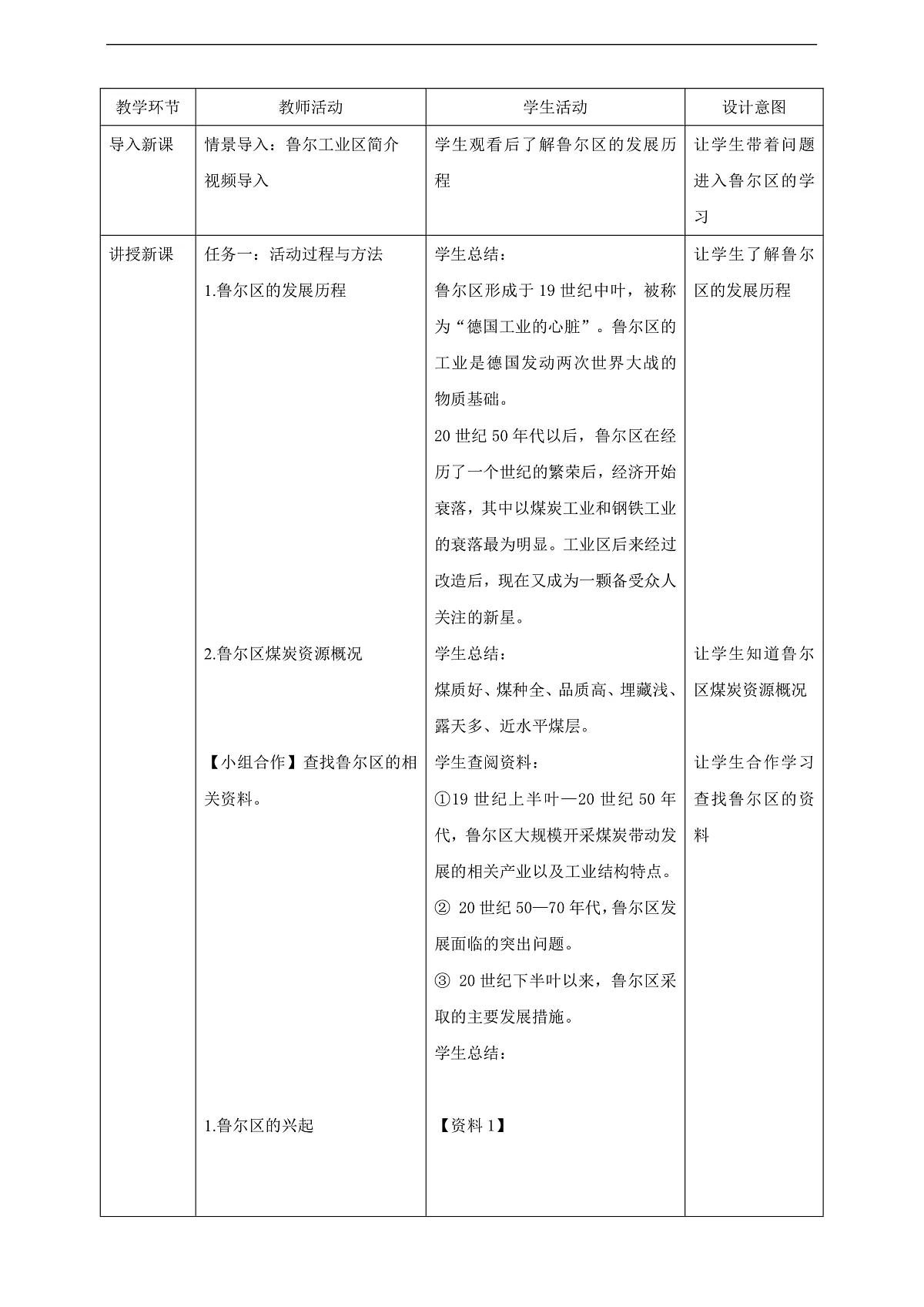 主题学习七 探究德国鲁尔区煤炭资源开发对经济发展的影响 教学设计第2页