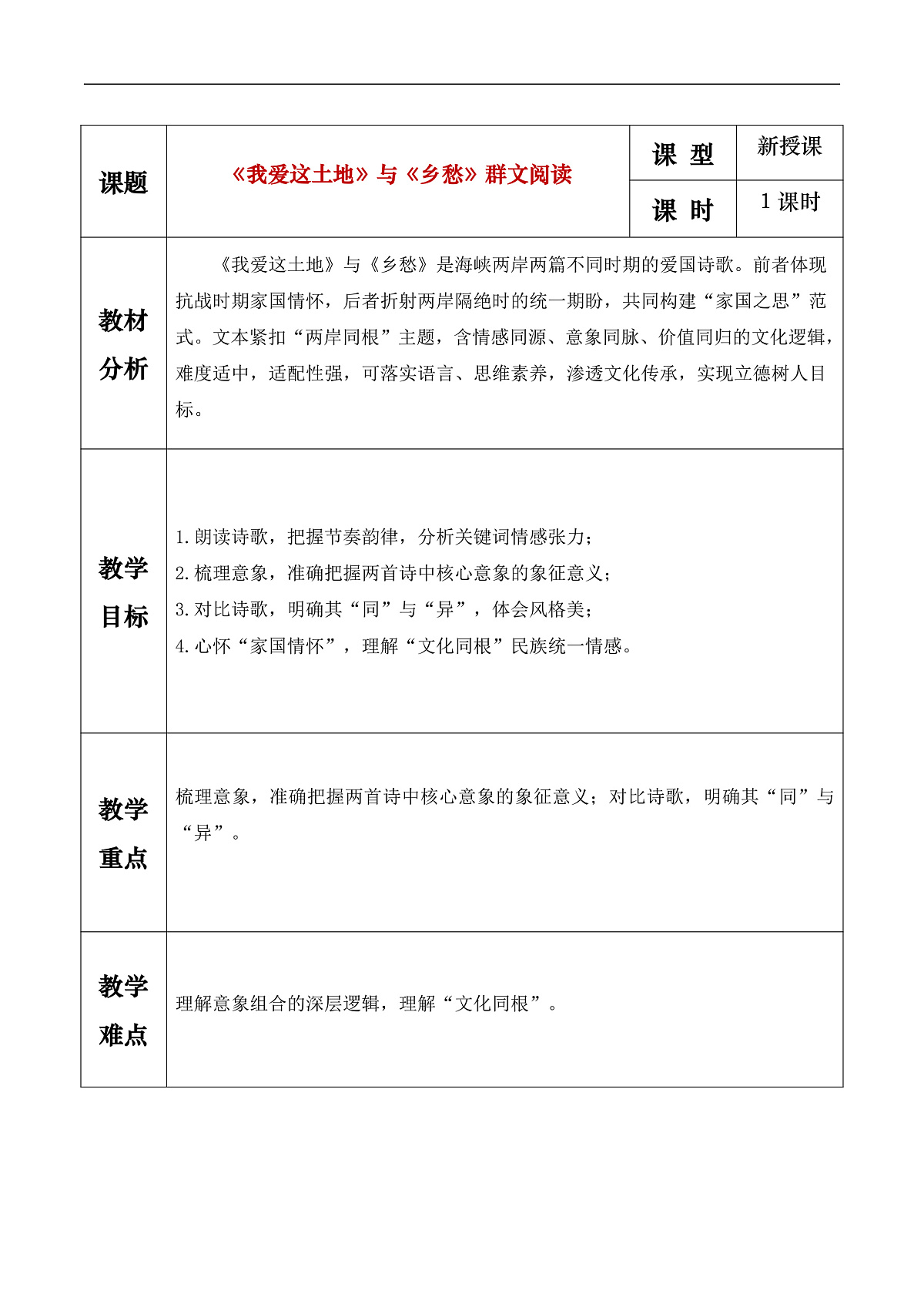 《《我爱这土地》与《乡愁》群文阅读》教学设计第1页