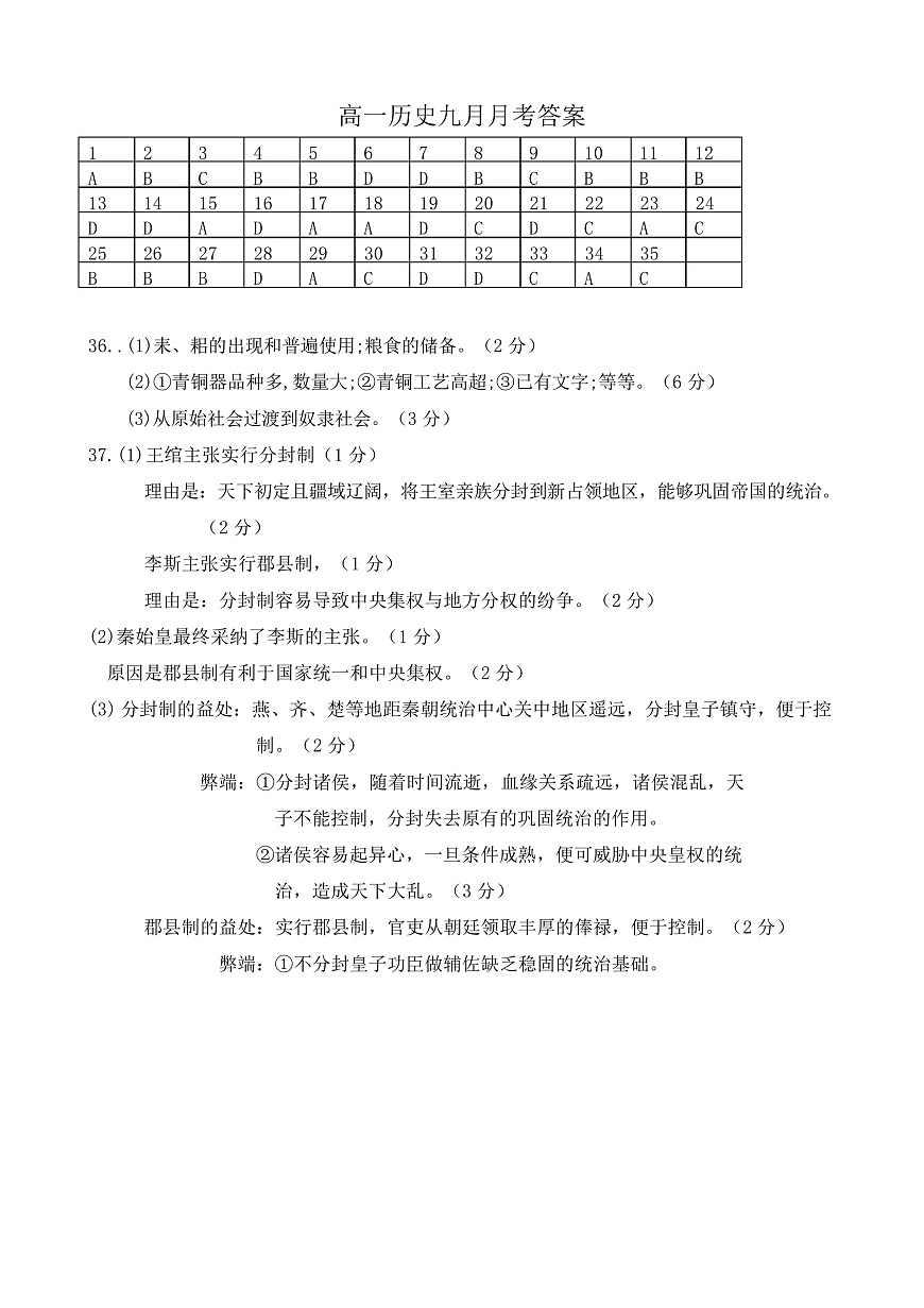 黑龙江省齐齐哈尔市第八中学校2025-2026学年高一上学期9月月考 历史答案第1页