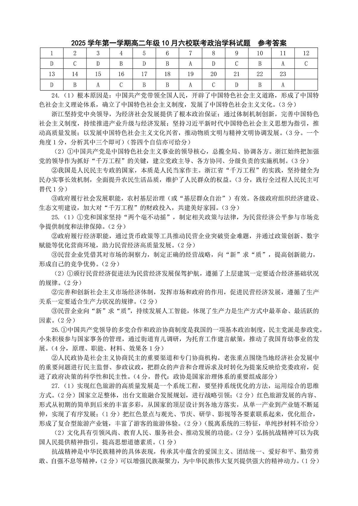 2025学年第一学期高二年级10月六校联考 政治答案第1页