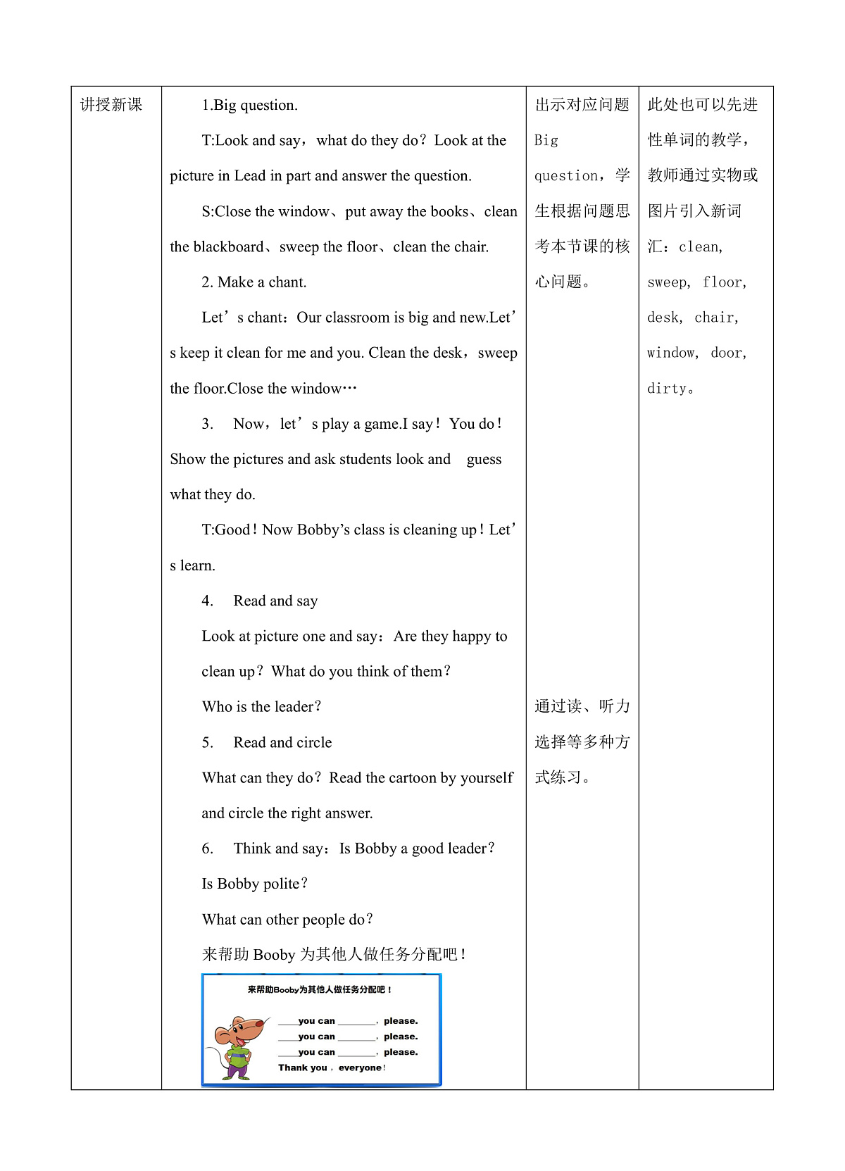 Unit 2 Clean our classroom(Lead in and cartoon) 表格式教案—译林版(三起)小学英语三年级下册第2页