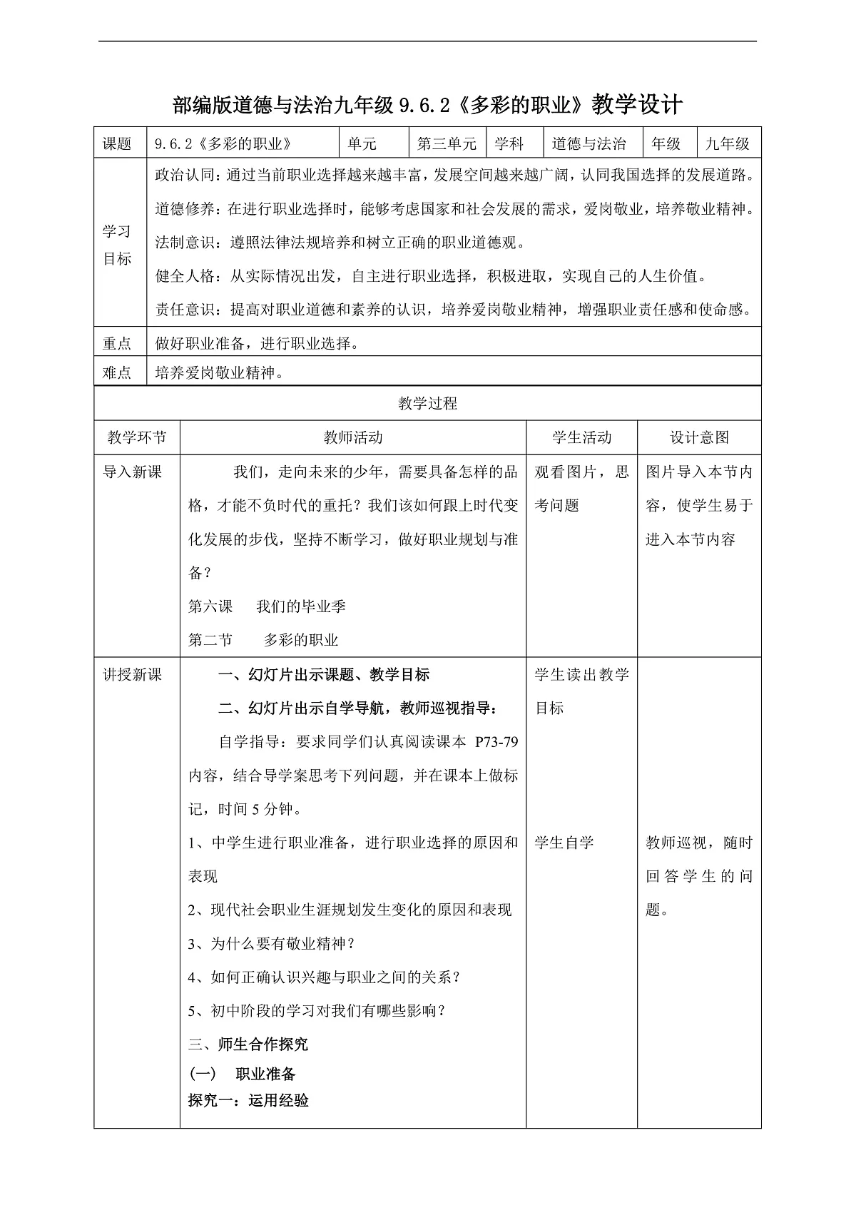 9.6.2《多彩的职业》教学设计(核心素养目标)第1页