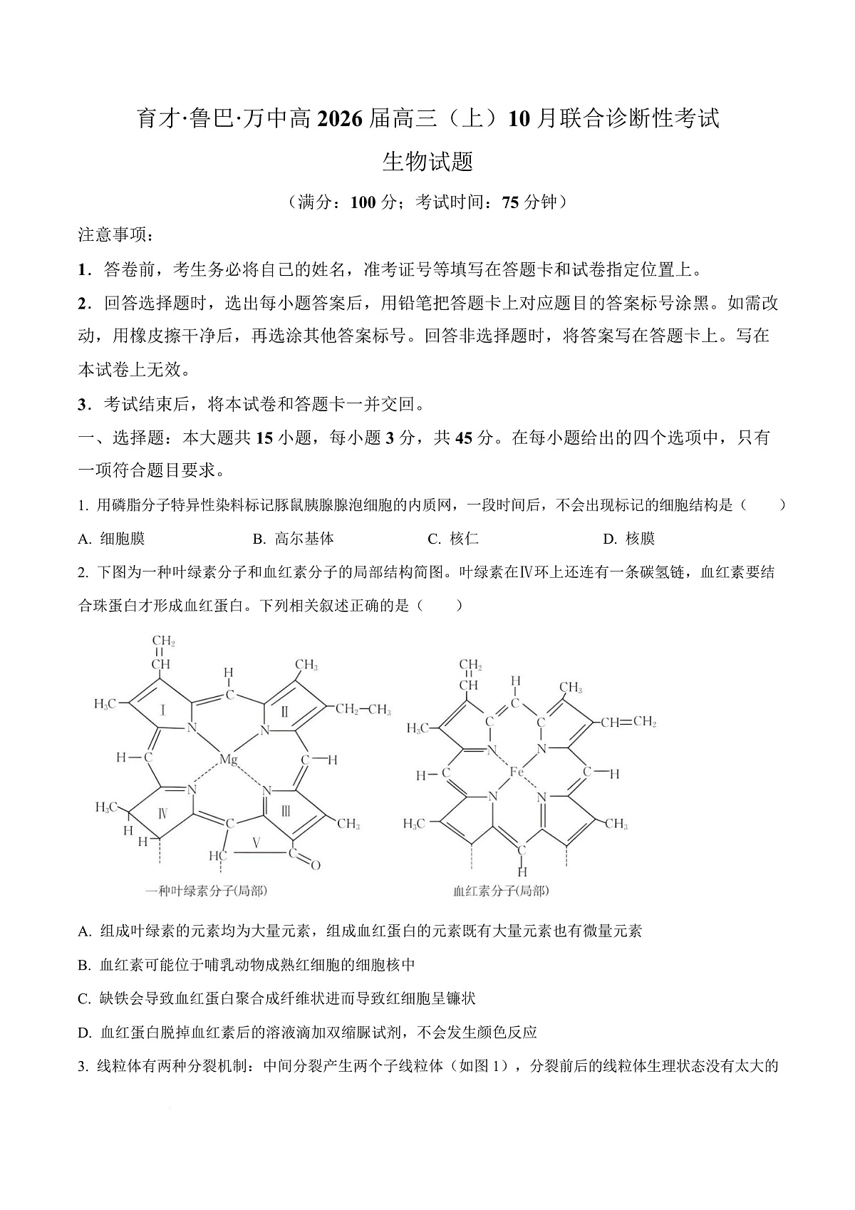 重庆市育才中学等三校2025-2026学年高三上学期10月诊断性考试生物试题 Word版无答案第1页