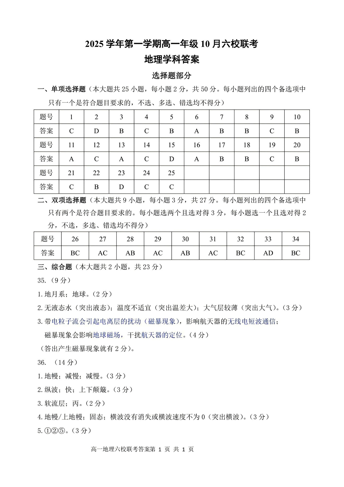 2025学年第一学期高一年级10月六校联考 地理答案第1页