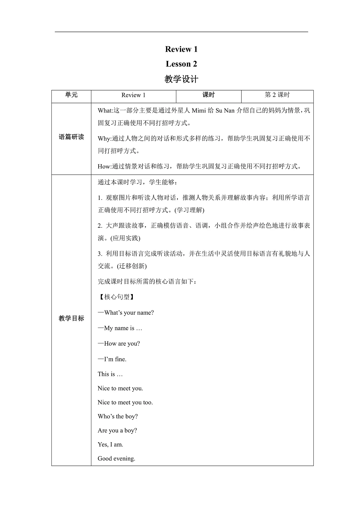 Review 1 Lesson 2 教学设计第1页