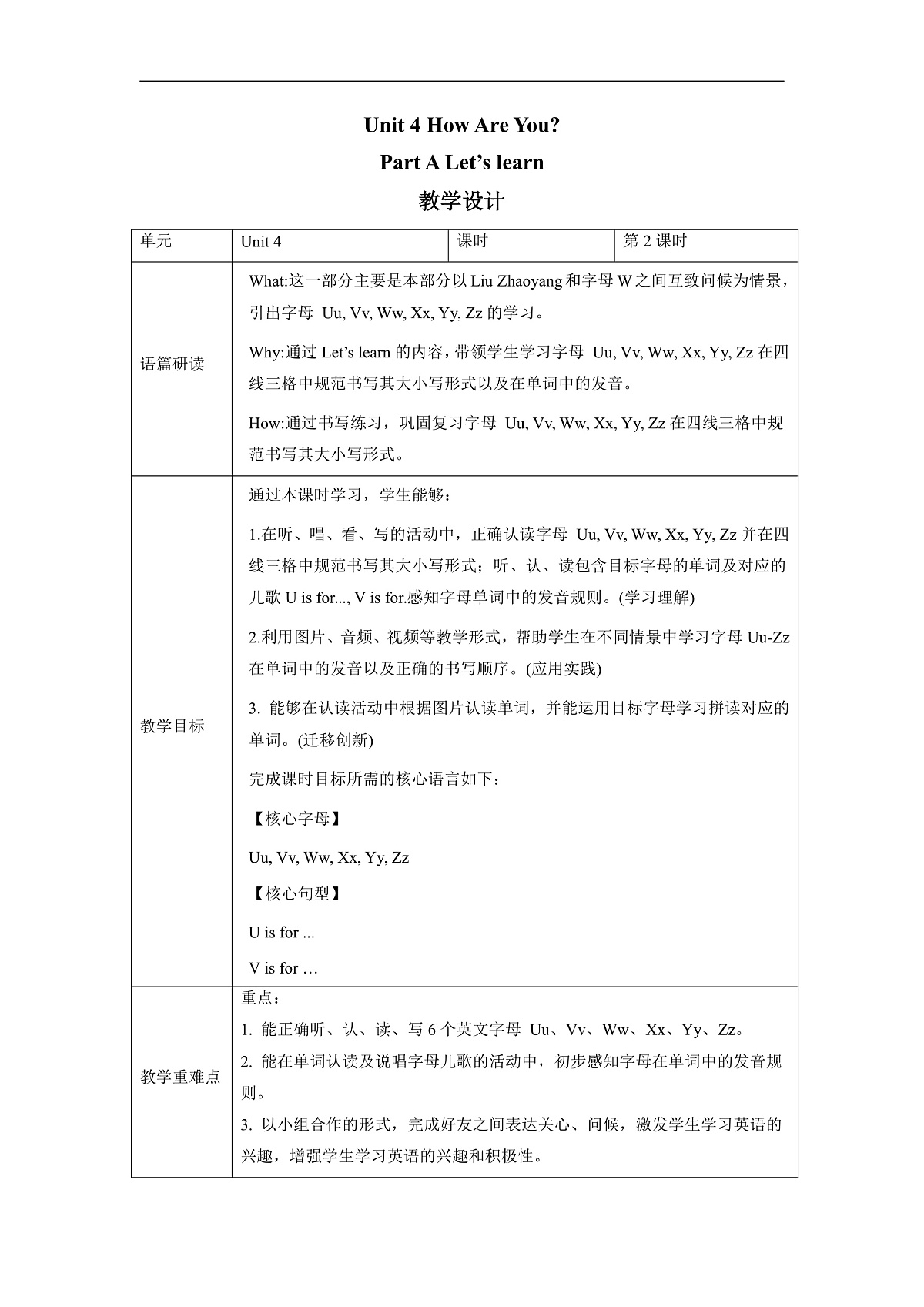 Unit 4 How Are You Lesson 2 Part A Let’s learn 教学设计第1页