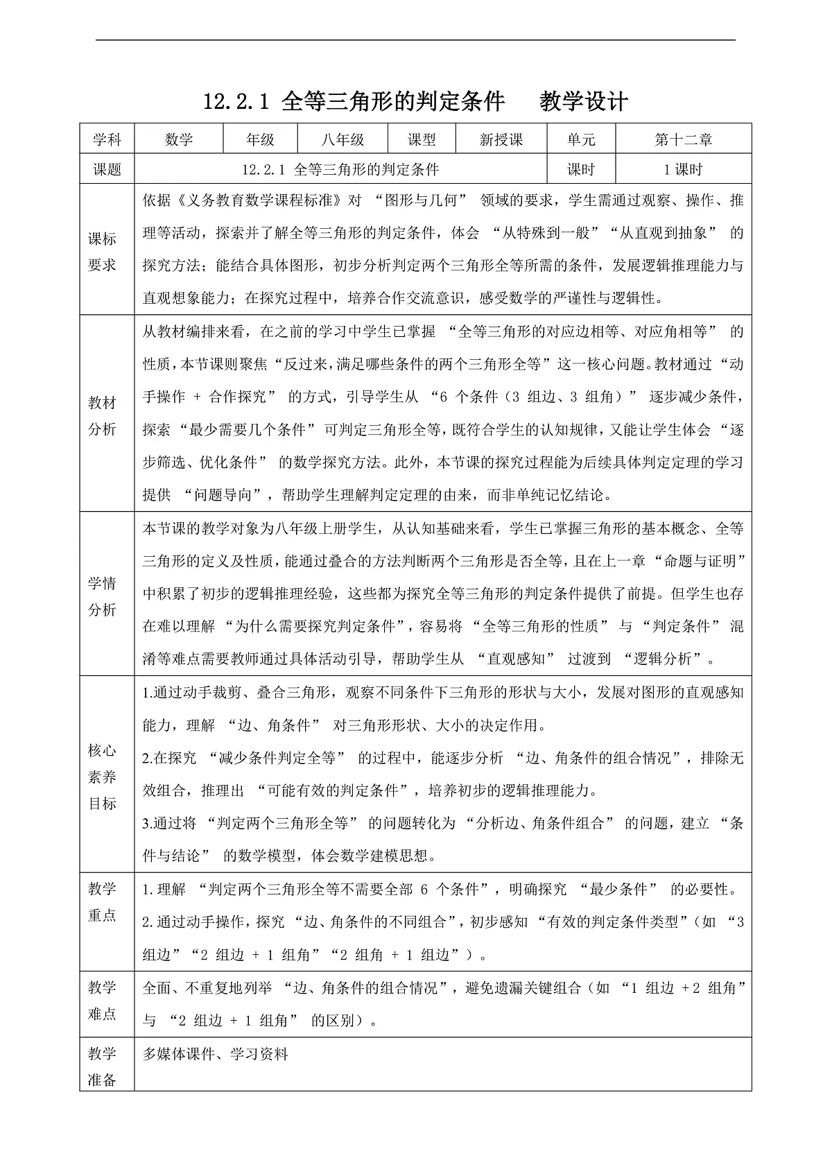 12.2.1 全等三角形的判定条件 教学设计第1页
