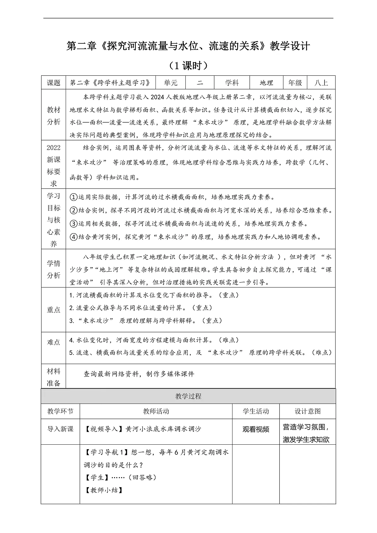 【跨学科主题学习】探究“束水攻沙”原理《探究河流流量与水位、流速的关系》(表格式教学设计)第1页