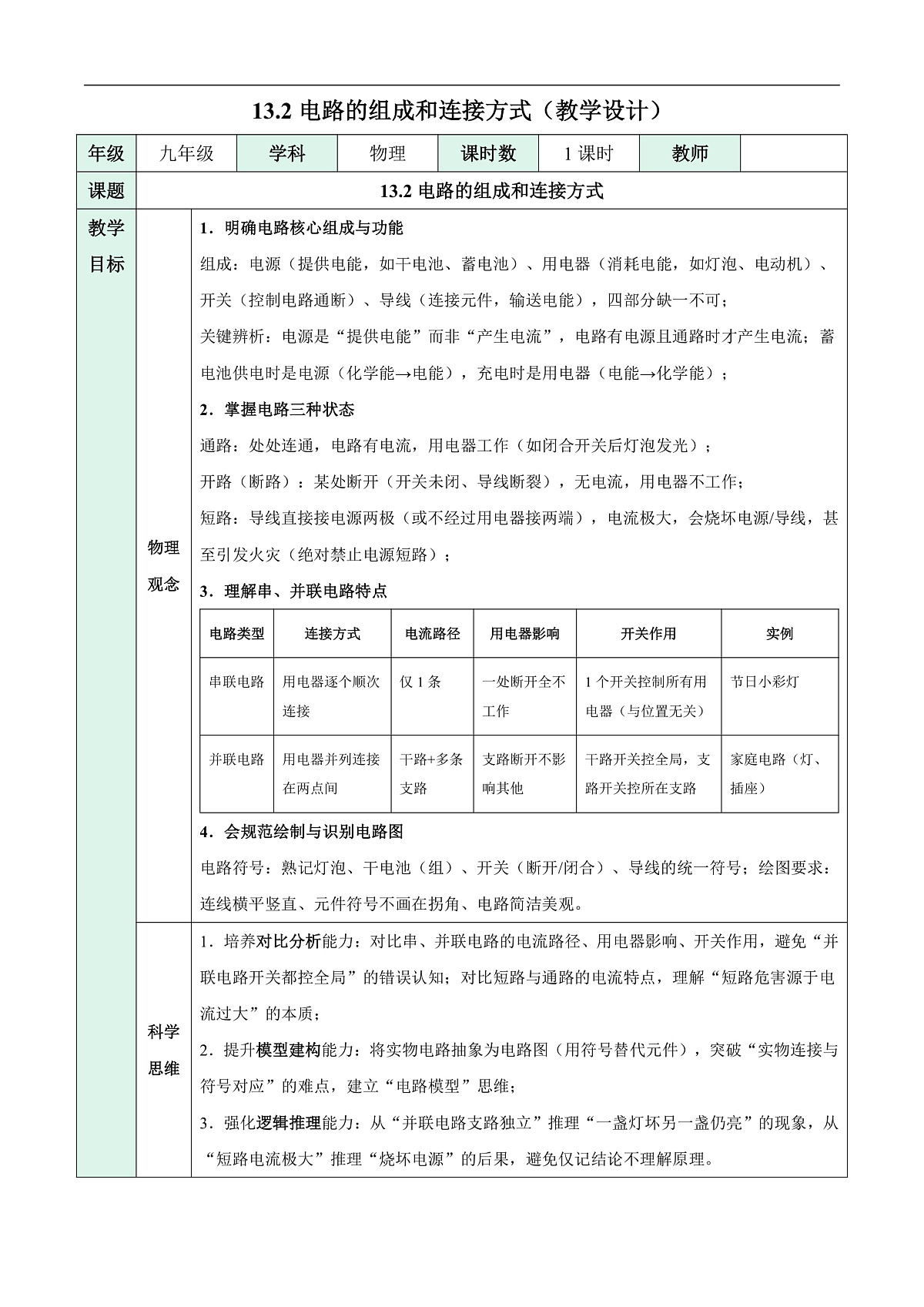13.2 电路的组成和连接方式(表格式教学设计)第1页