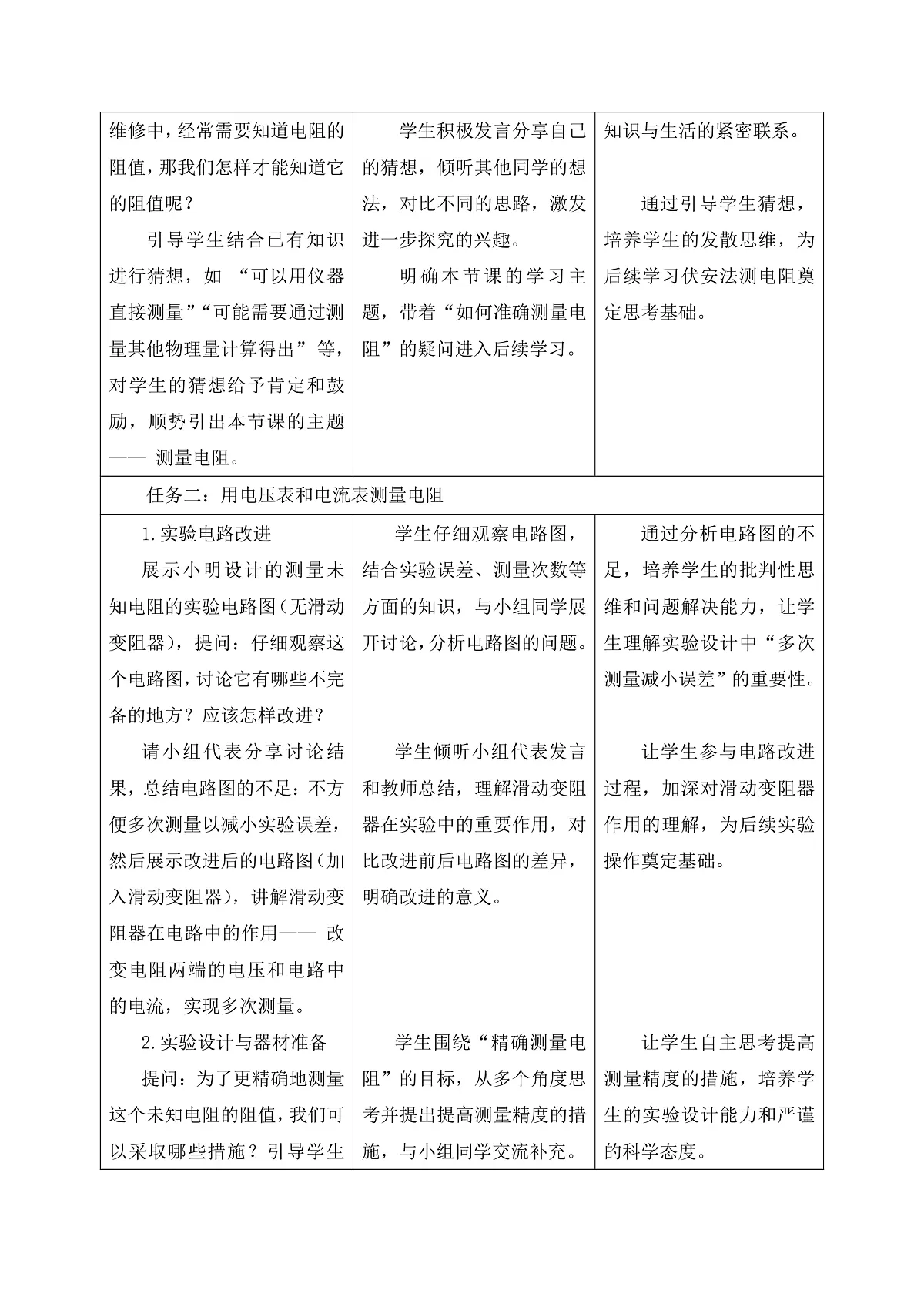 《5.3.1 测量电阻(第一课时)》课时教学设计(表格式)第3页