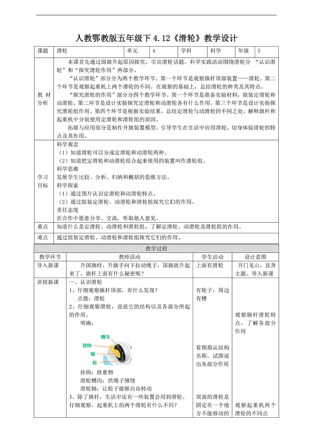 人教鄂教版科学五下4.12《滑轮》教案第1页