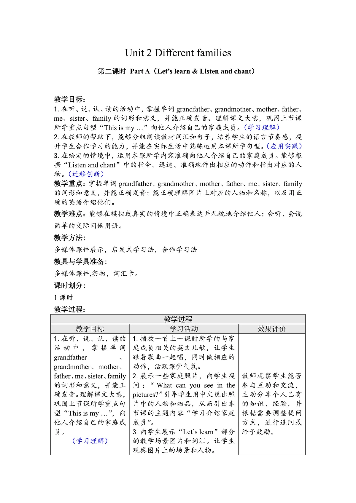 Unit2 Different families (第2课时) 2025-2026新版人教PEP版三年级英语上册 教案第1页