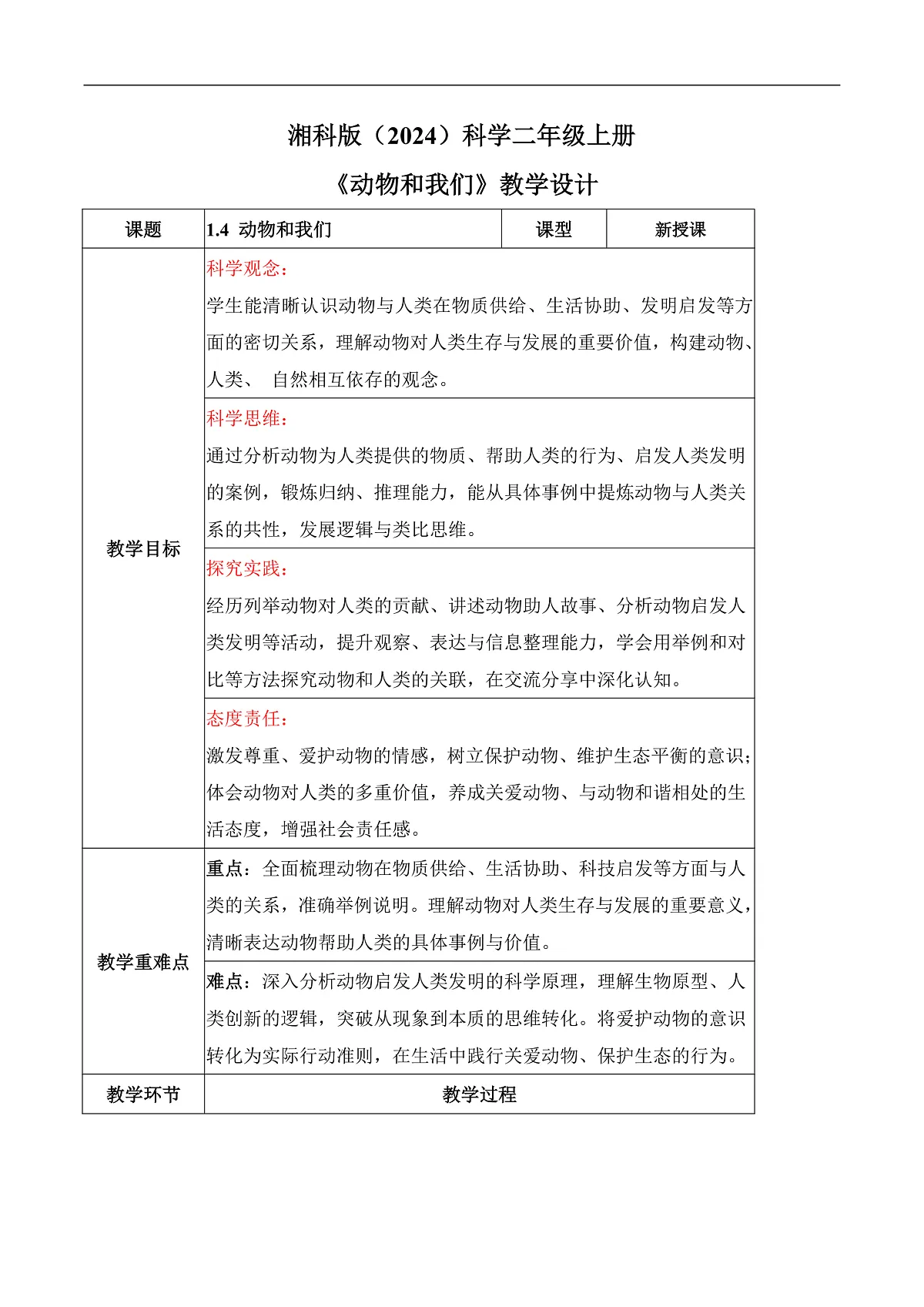 1.4 动物和我们(教学设计)科学湘科版二年级上册(新教材)第1页