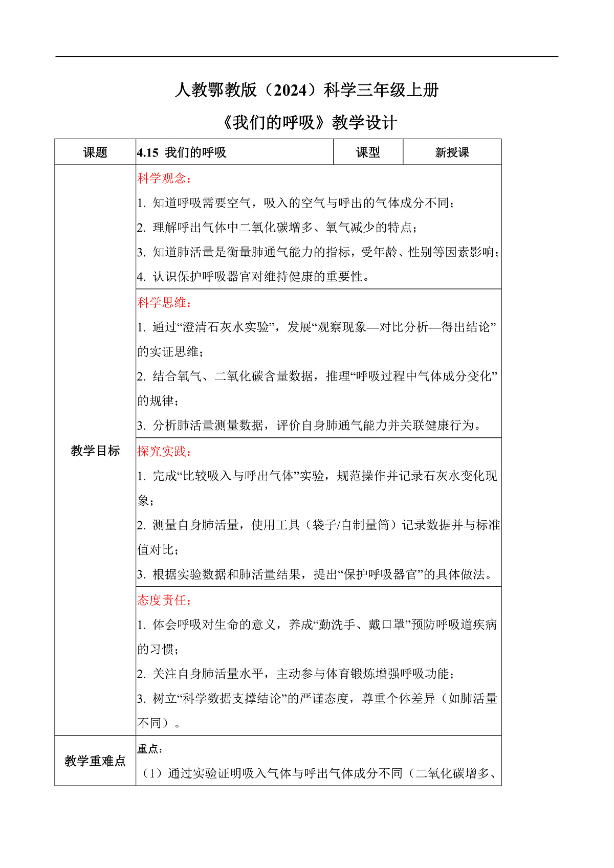4.15 我们的呼吸(教学设计)科学人教鄂教版三年级上册(新教材)第1页