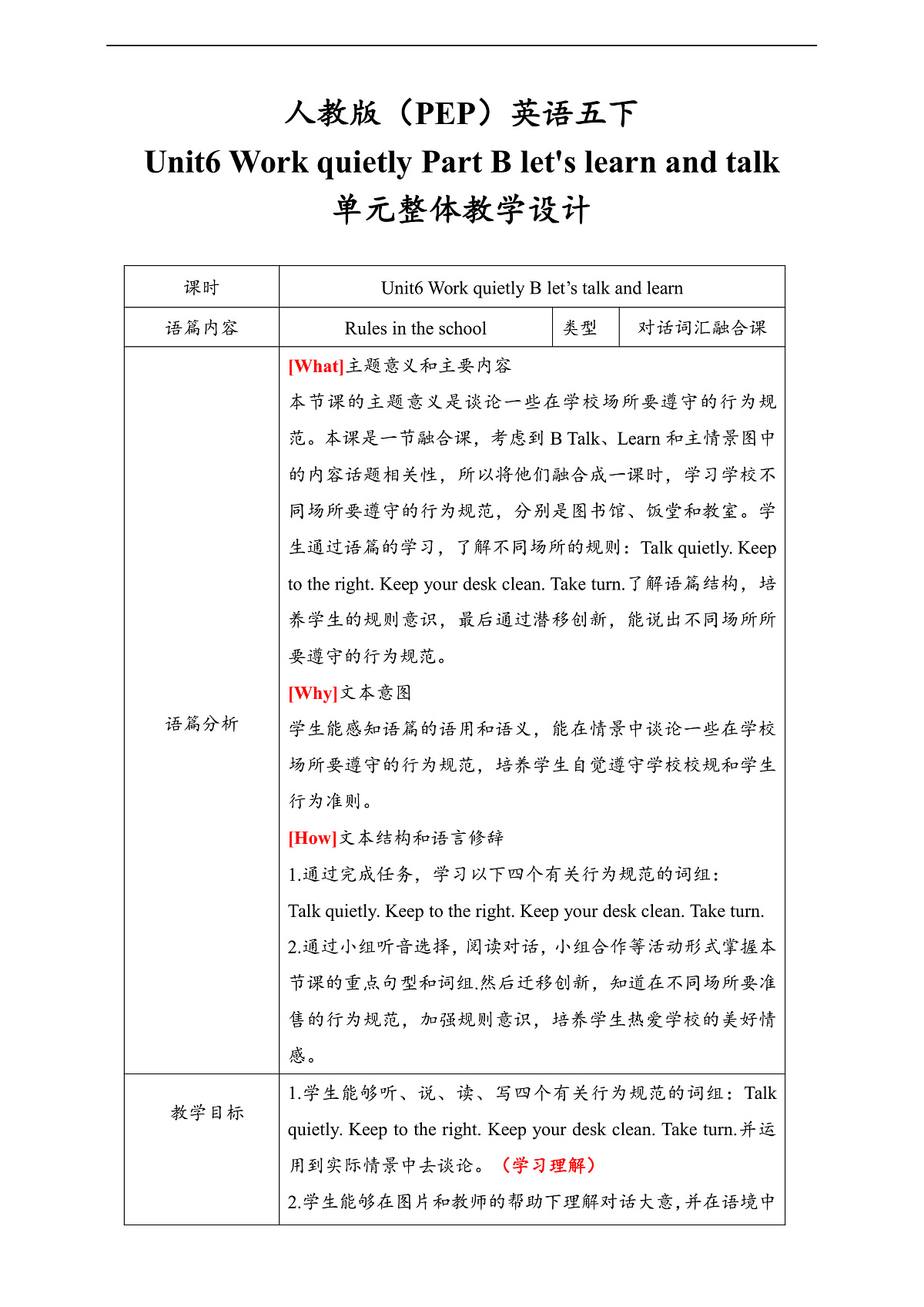 人教版(PEP)英语五下Unit6 Work quietly Part B let's learn and talk 单元整体教学设计第1页