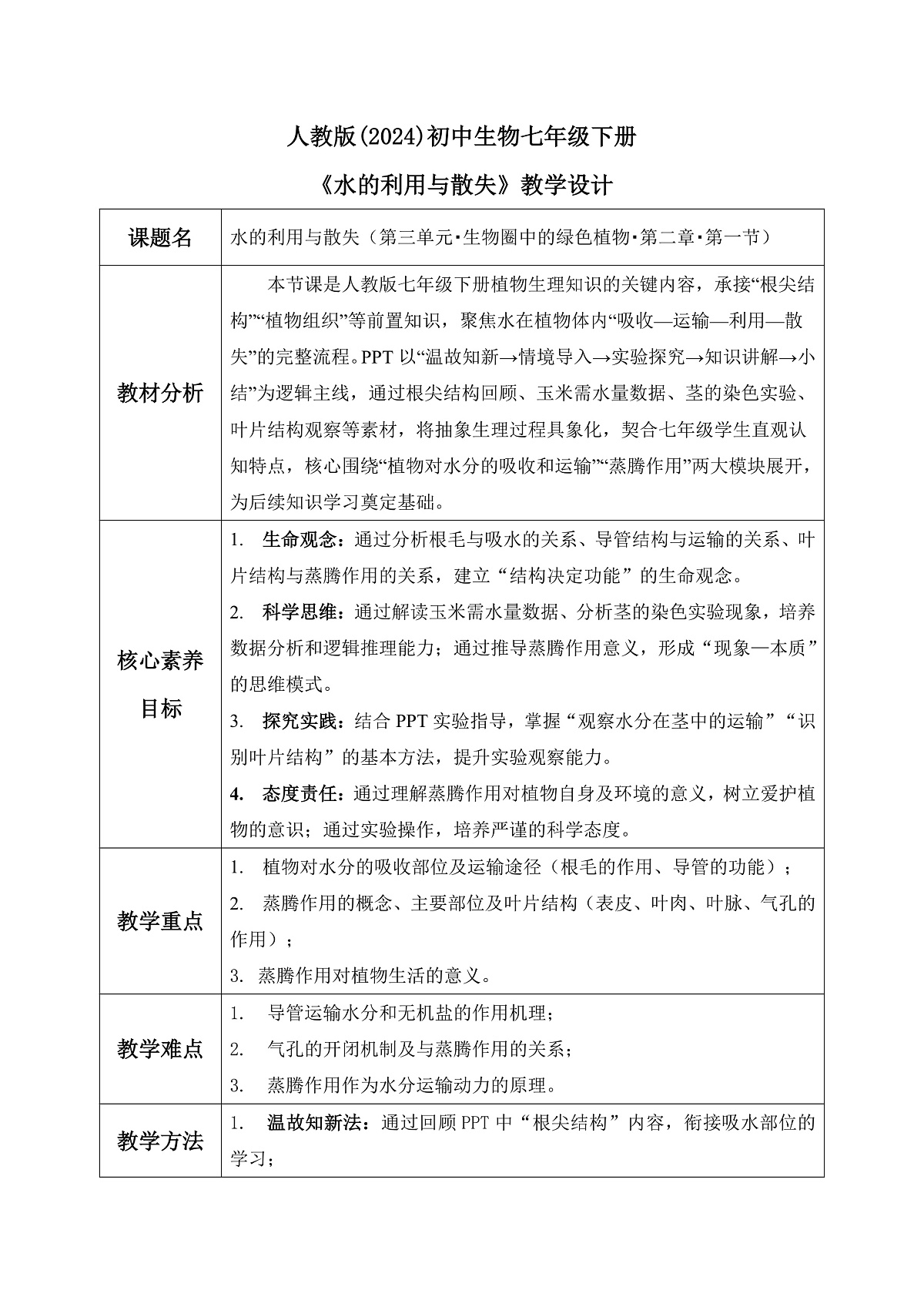 人教版 初中生物 七年级下册 - 3.2.1《水的利用与散失》教案第1页